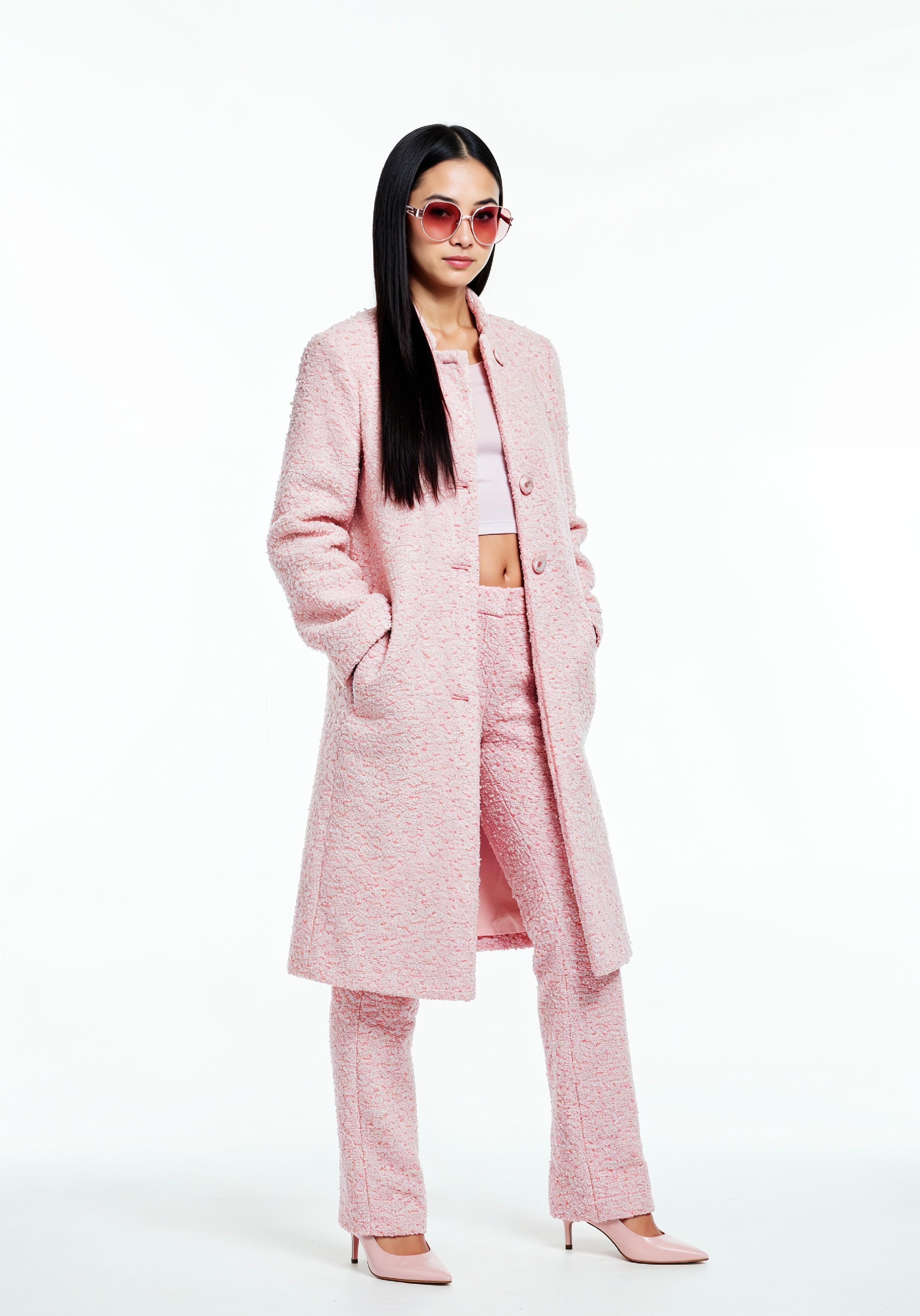 Elegant Young Woman in Coat and Matching Trousers Fashion Portrait