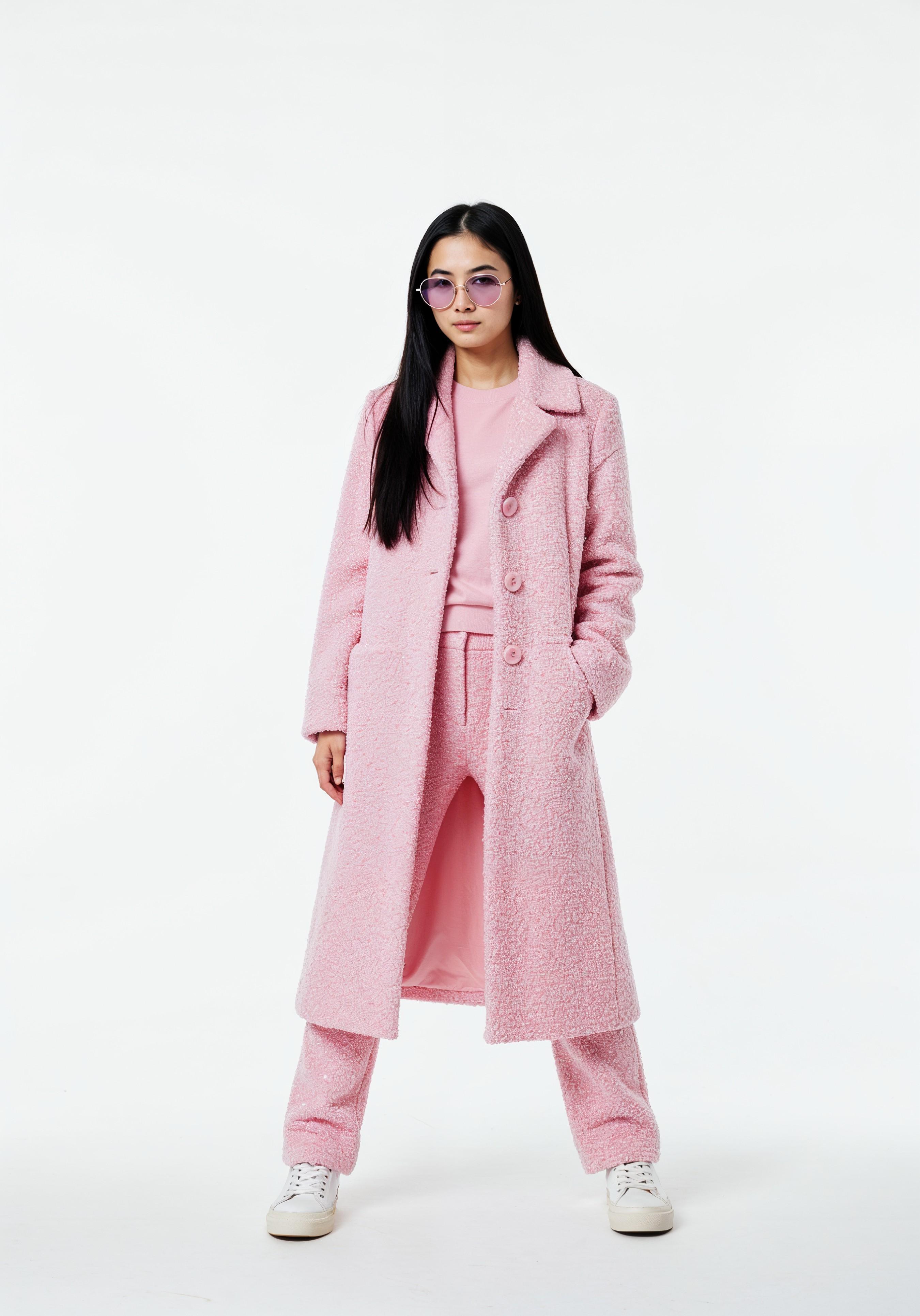 Elegant Young Woman in Coat and Matching Trousers Fashion Portrait