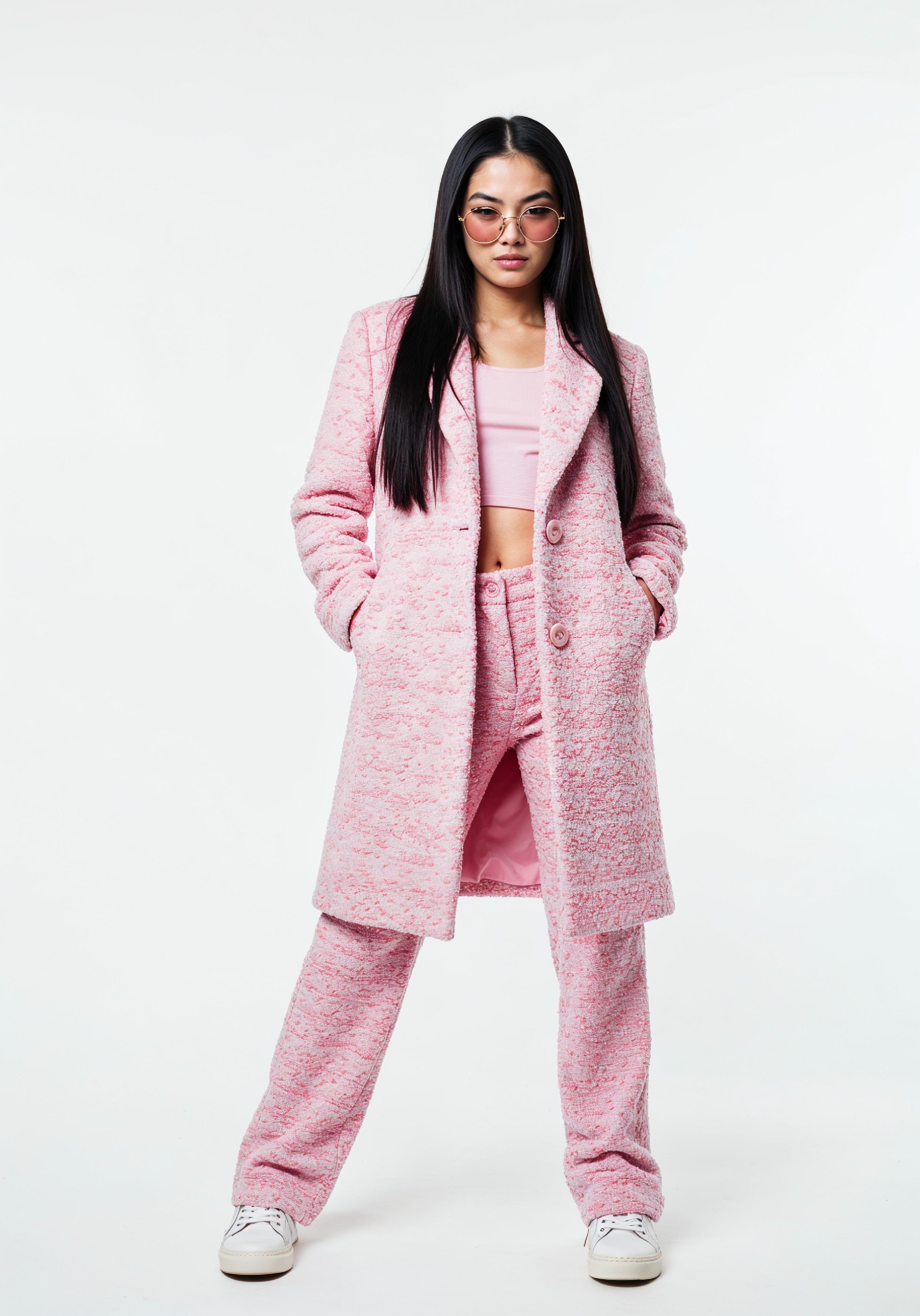 Elegant Young Woman in Coat and Matching Trousers Fashion Portrait