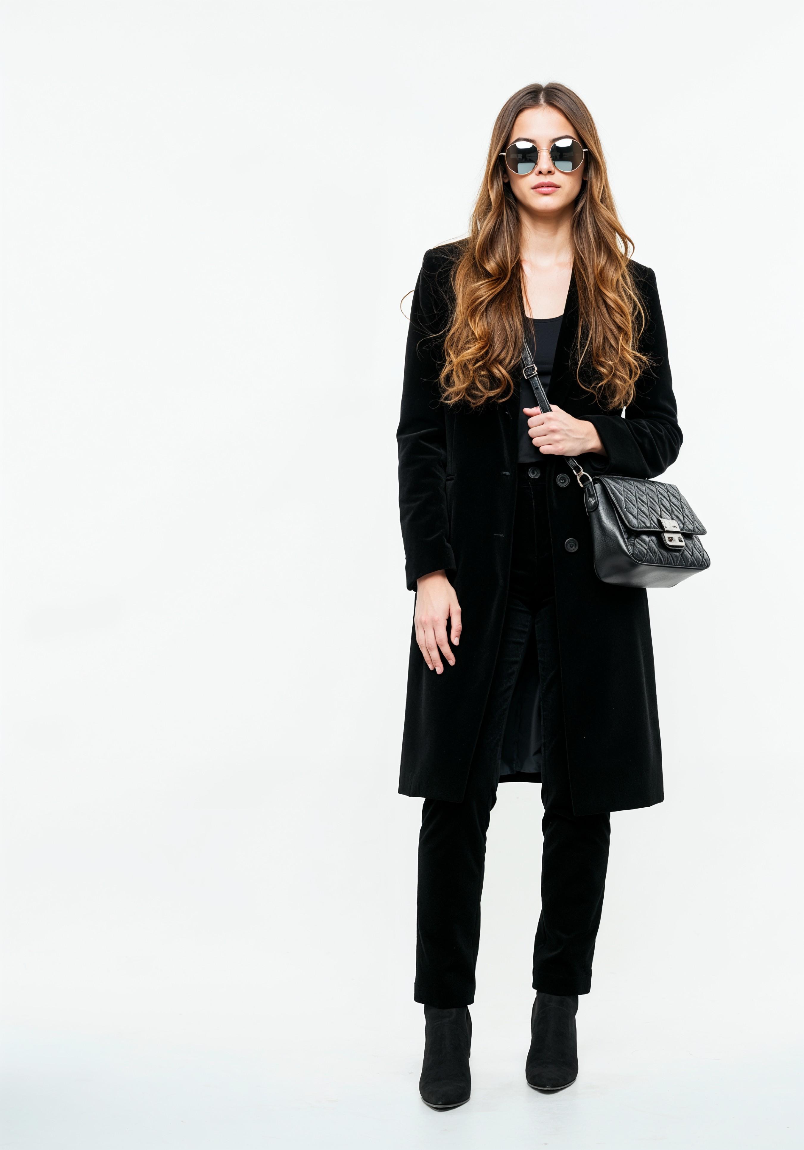 Elegant Young Woman in Coat and Matching Trousers Fashion Portrait