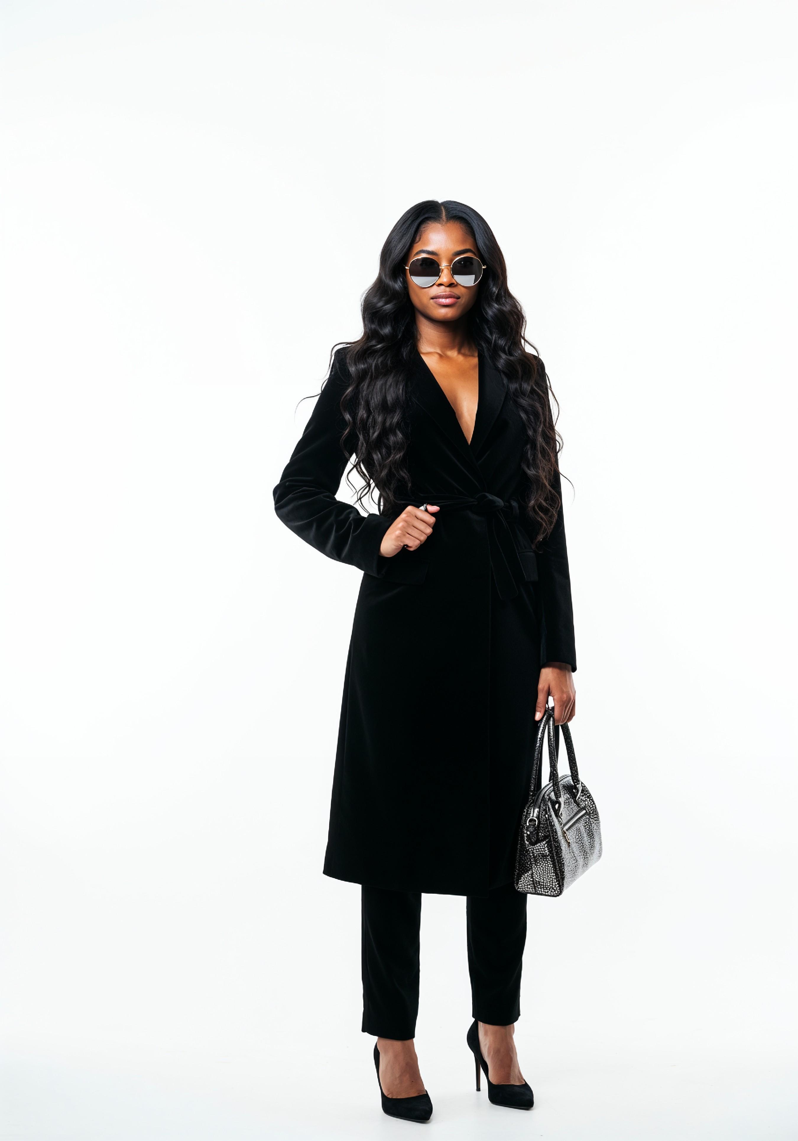 Elegant Young Woman in Coat and Matching Trousers Fashion Portrait
