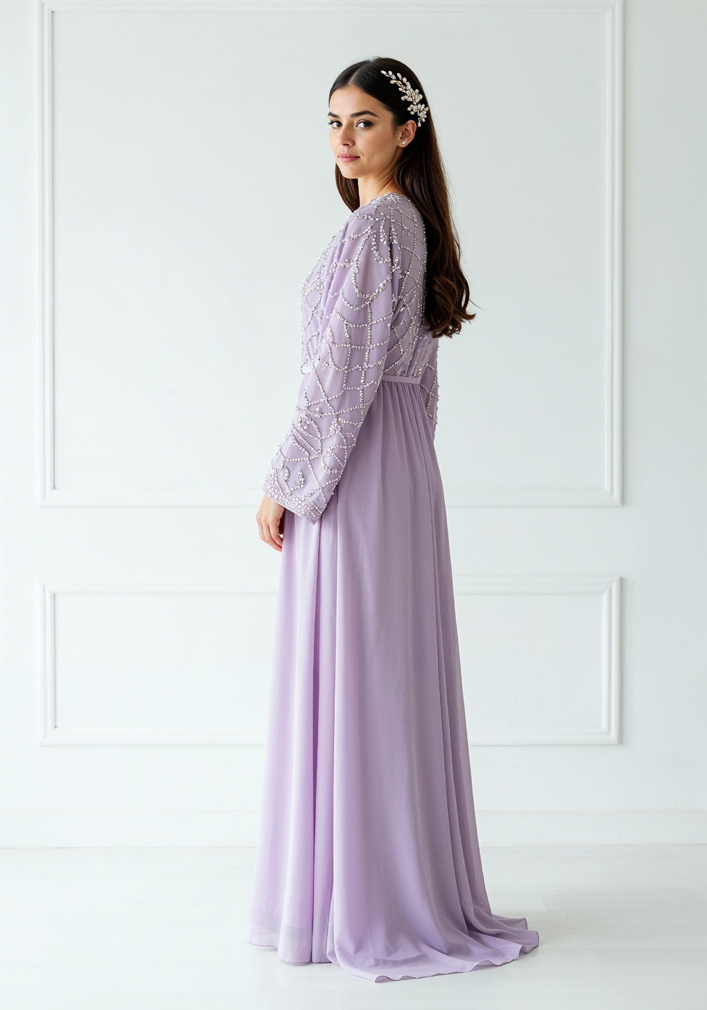 Elegant Young Woman in Lavender Modest Maxi Dress Full Length Fashion Portrait