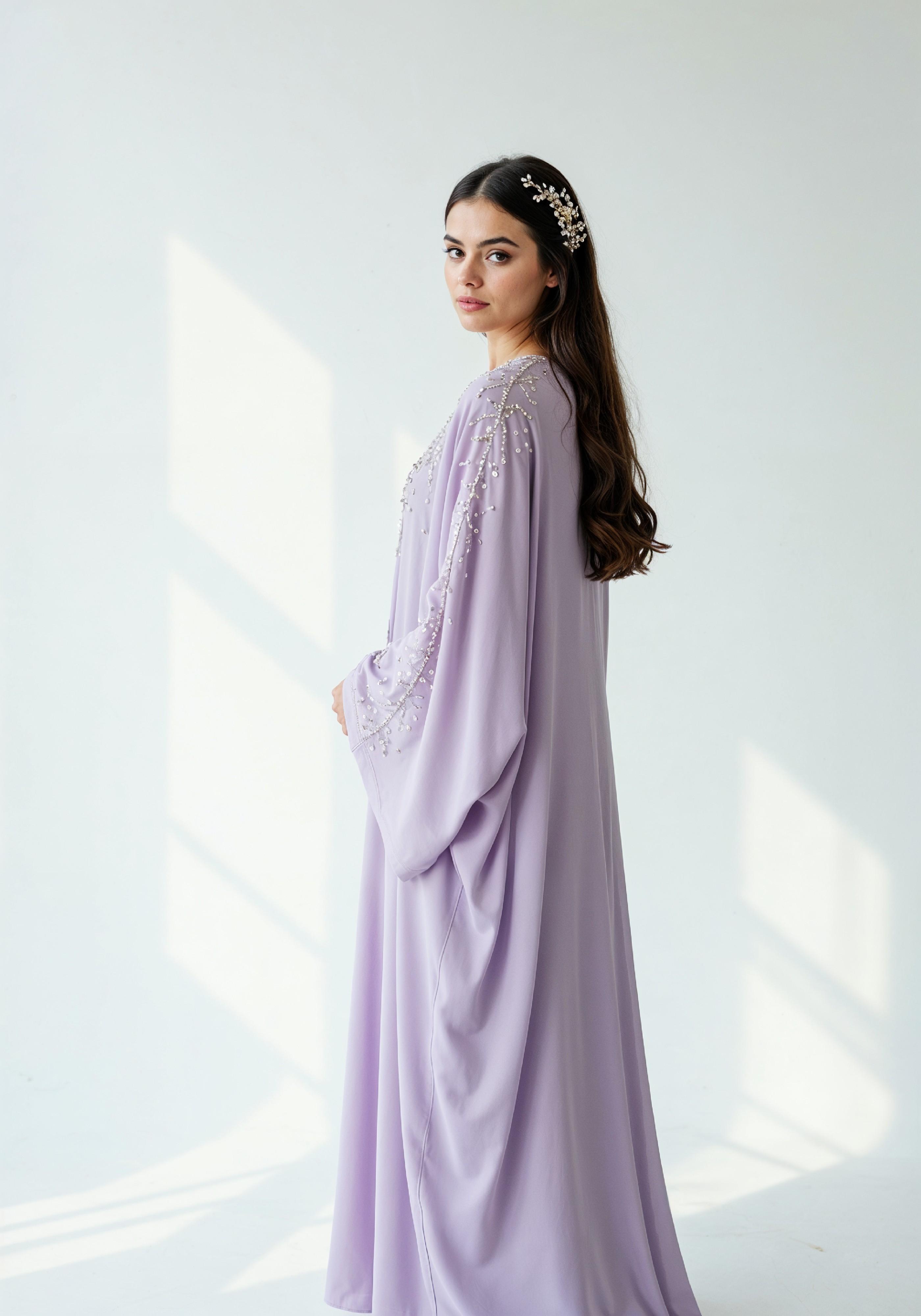 Elegant Young Woman in Lavender Modest Maxi Dress Full Length Fashion Portrait