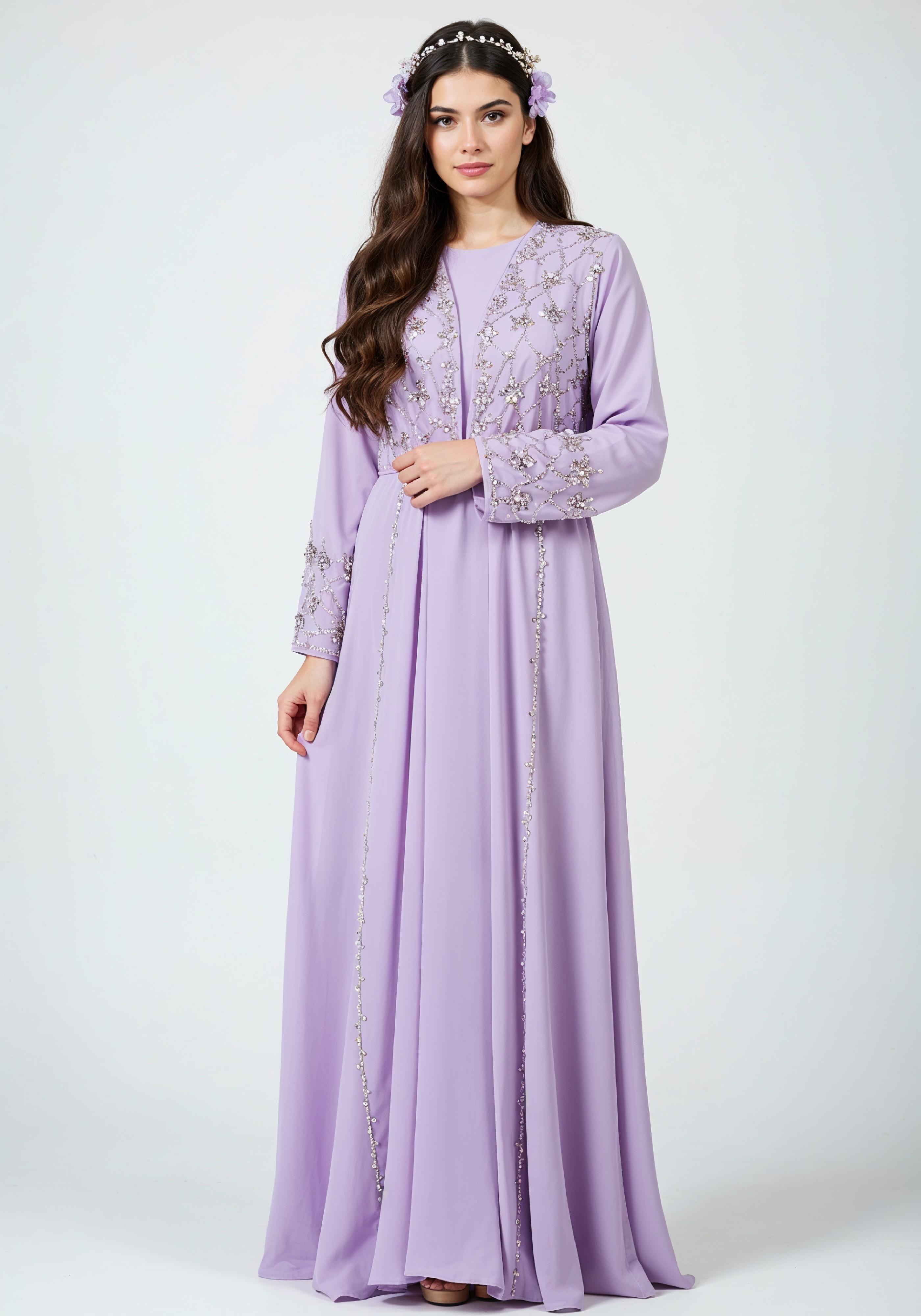 Elegant Young Woman in Lavender Modest Maxi Dress Full Length Fashion Portrait