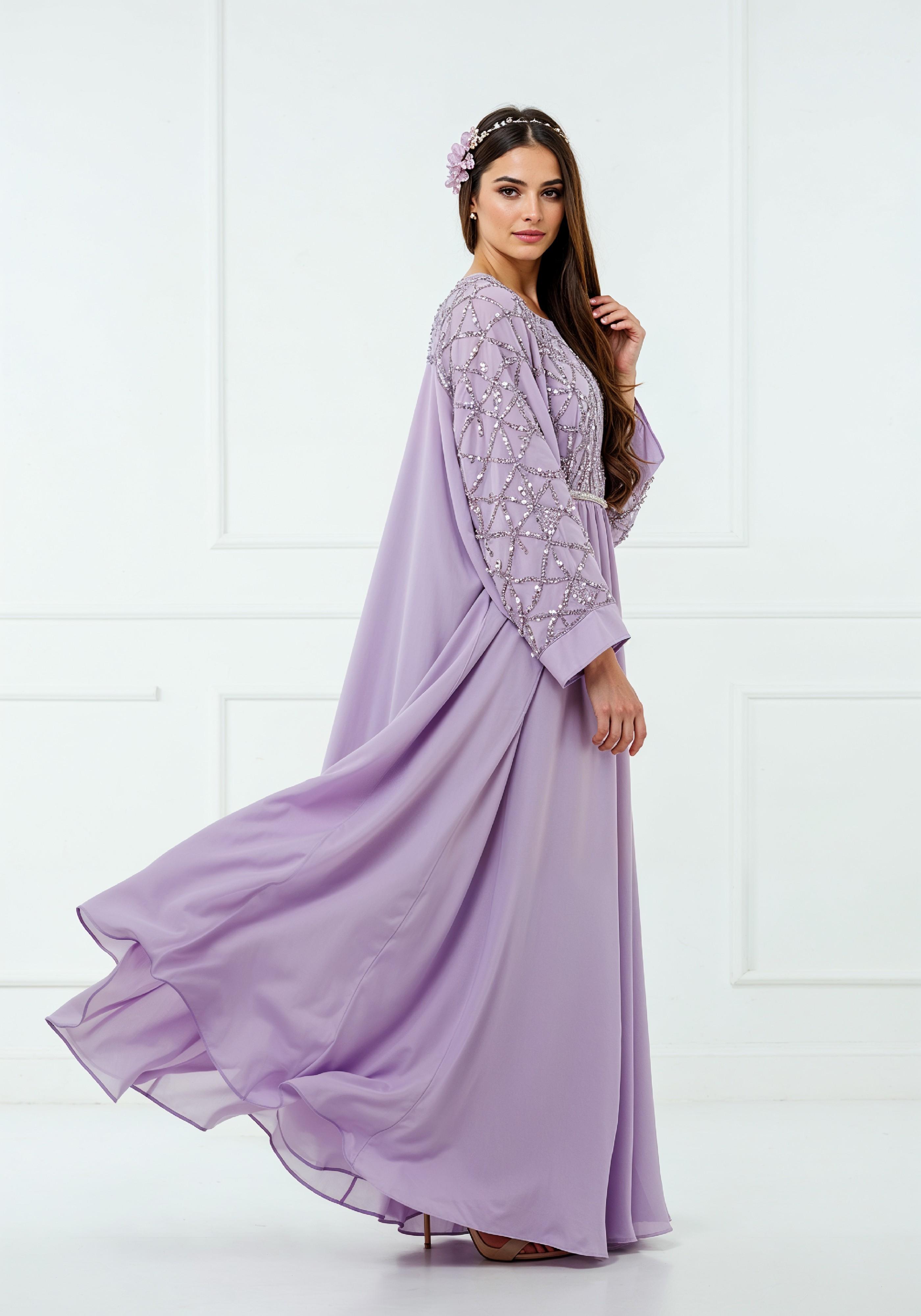 Elegant Young Woman in Lavender Modest Maxi Dress Full Length Fashion Portrait