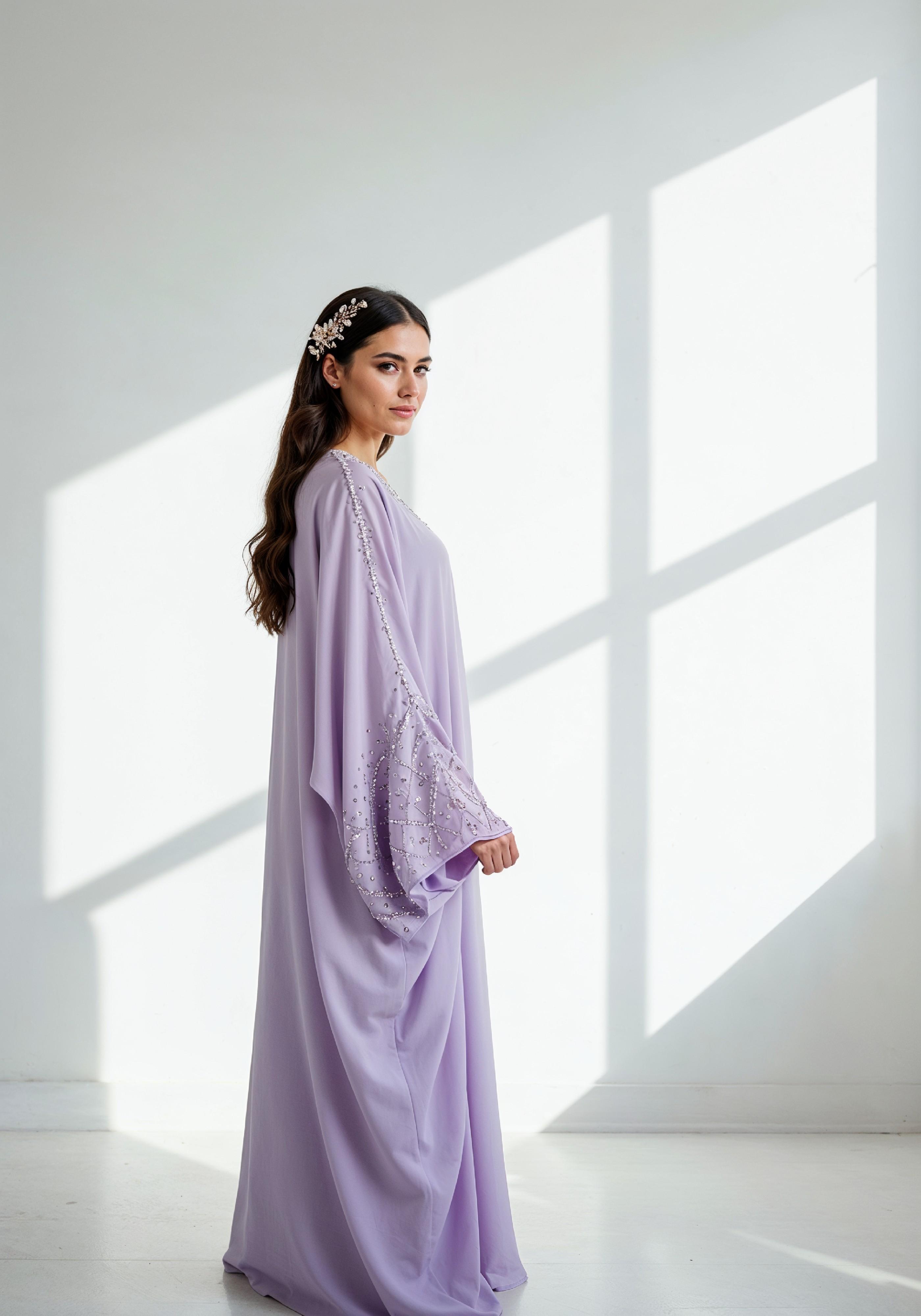Elegant Young Woman in Lavender Modest Maxi Dress Full Length Fashion Portrait