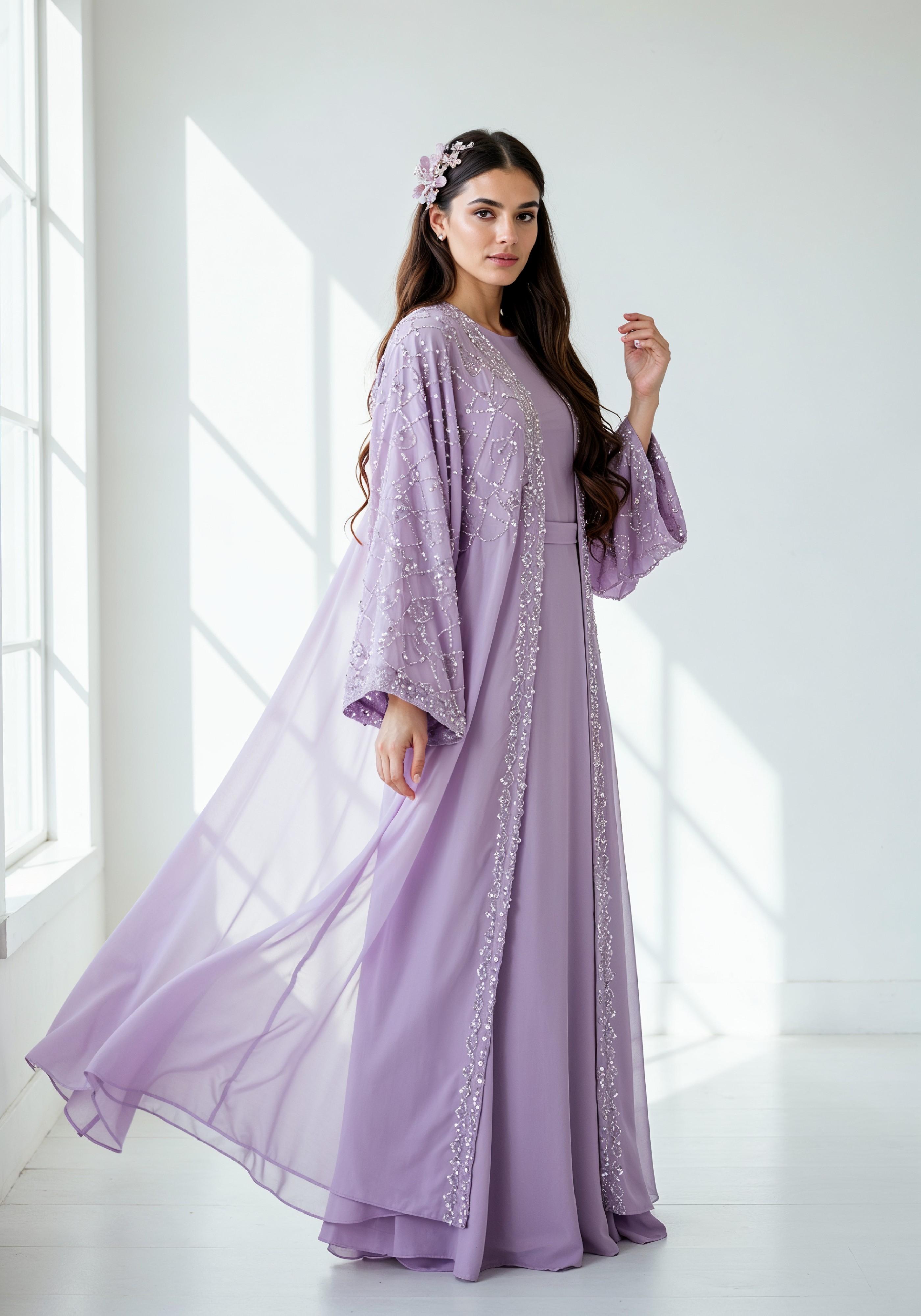 Elegant Young Woman in Lavender Modest Maxi Dress Full Length Fashion Portrait