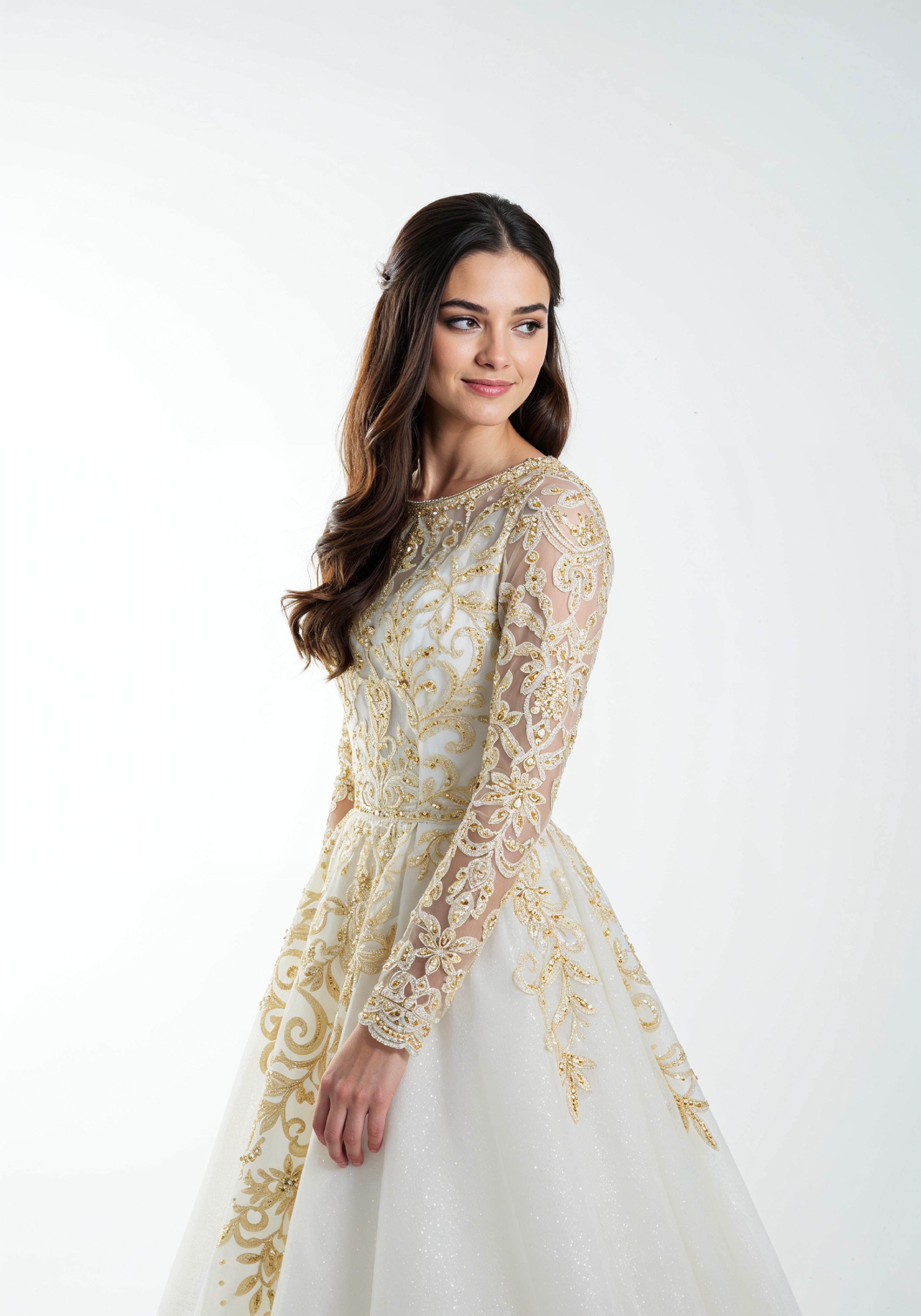 Elegant Young Woman in Luxury White Bridal Gown with Lace Details