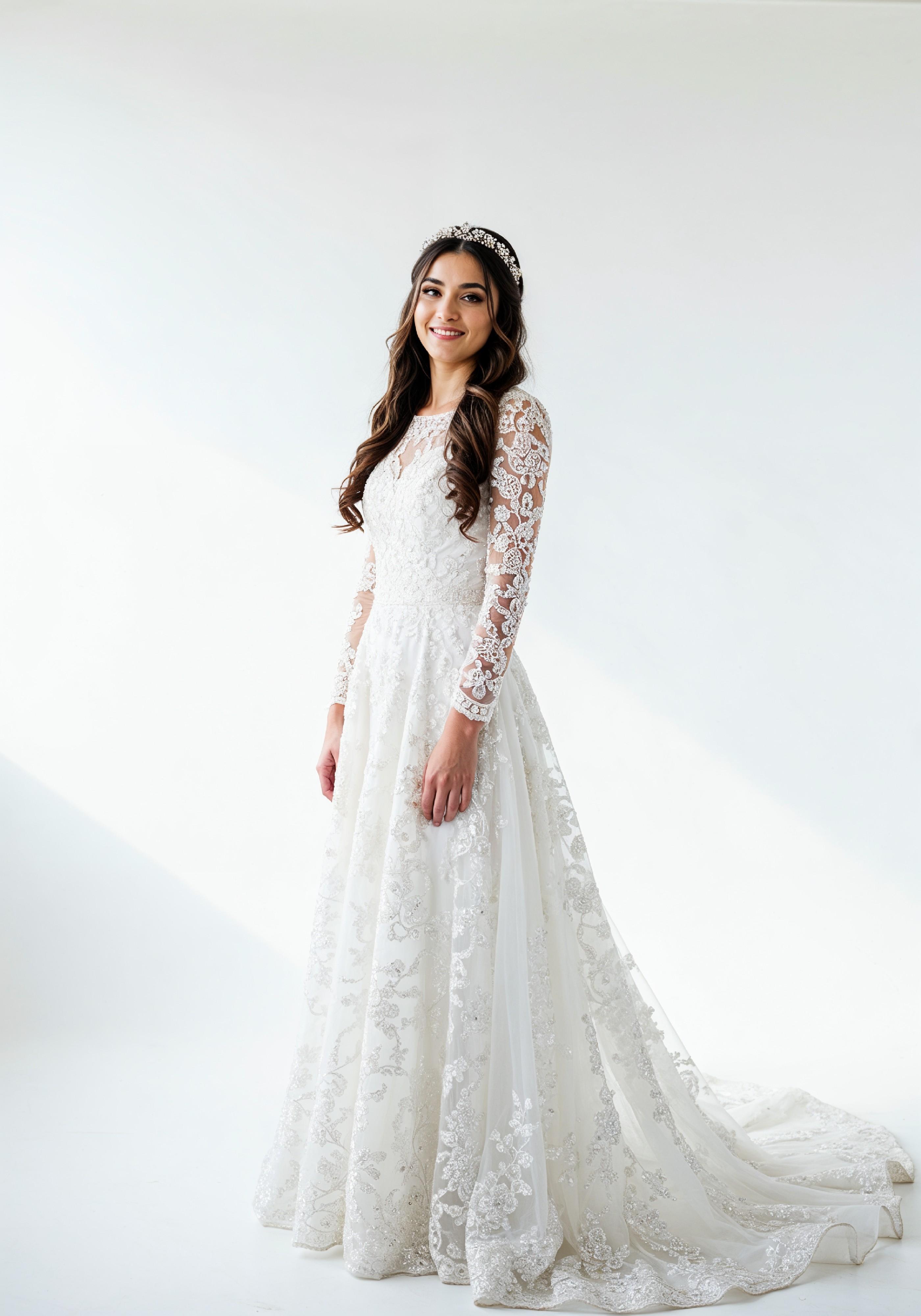 Elegant Young Woman in Luxury White Bridal Gown with Lace Details