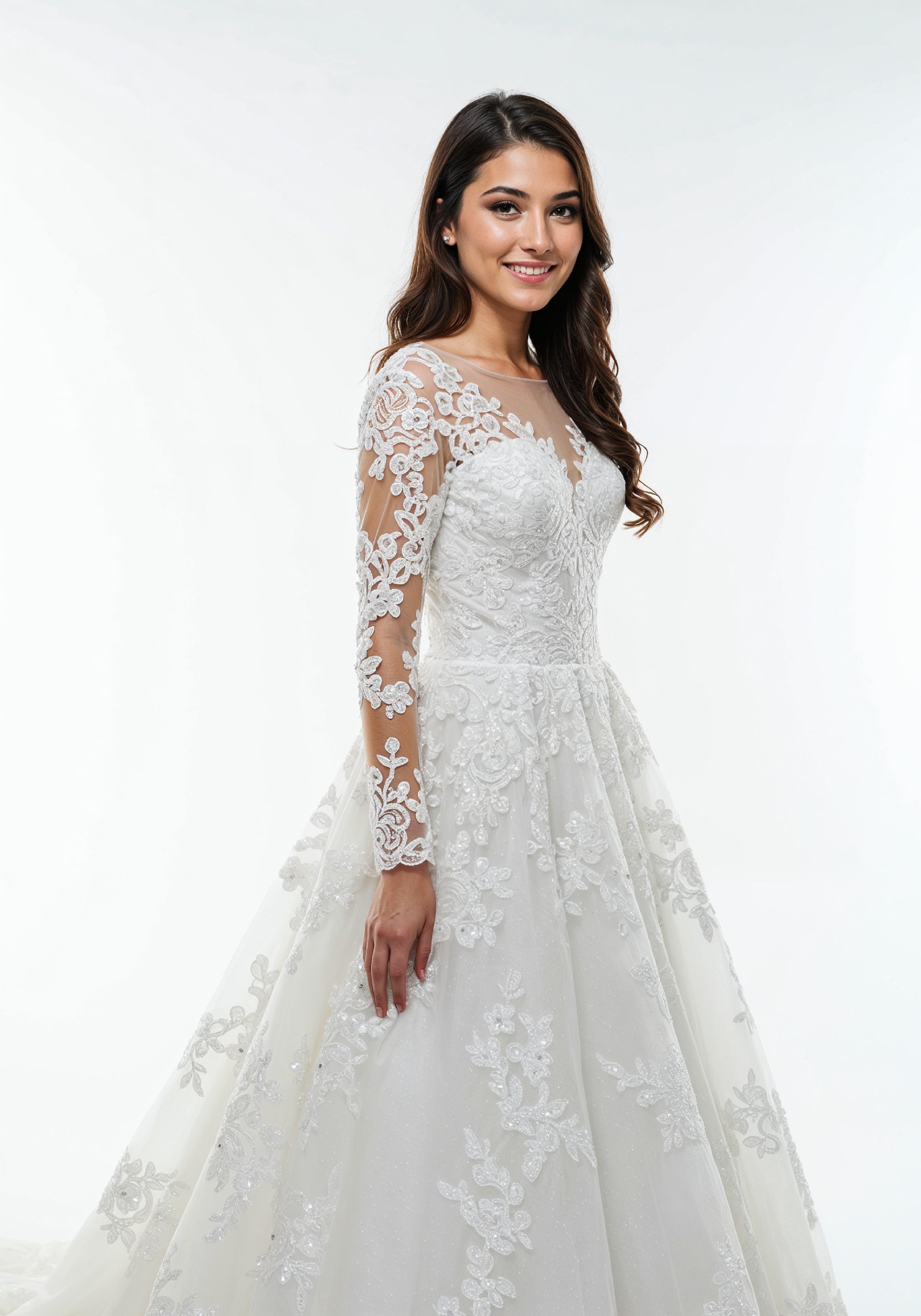 Elegant Young Woman in Luxury White Bridal Gown with Lace Details