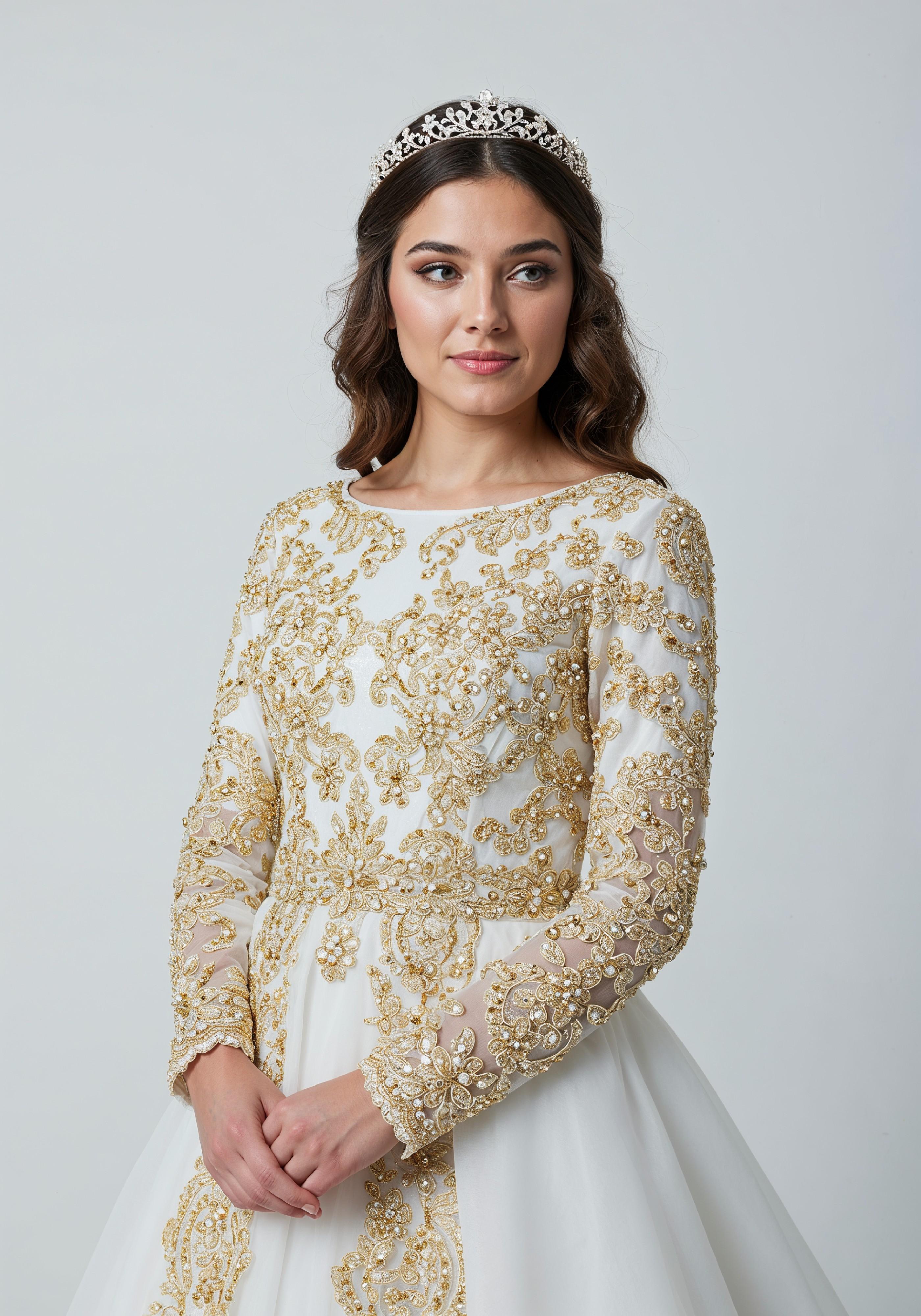 Elegant Young Woman in Luxury White Bridal Gown with Lace Details