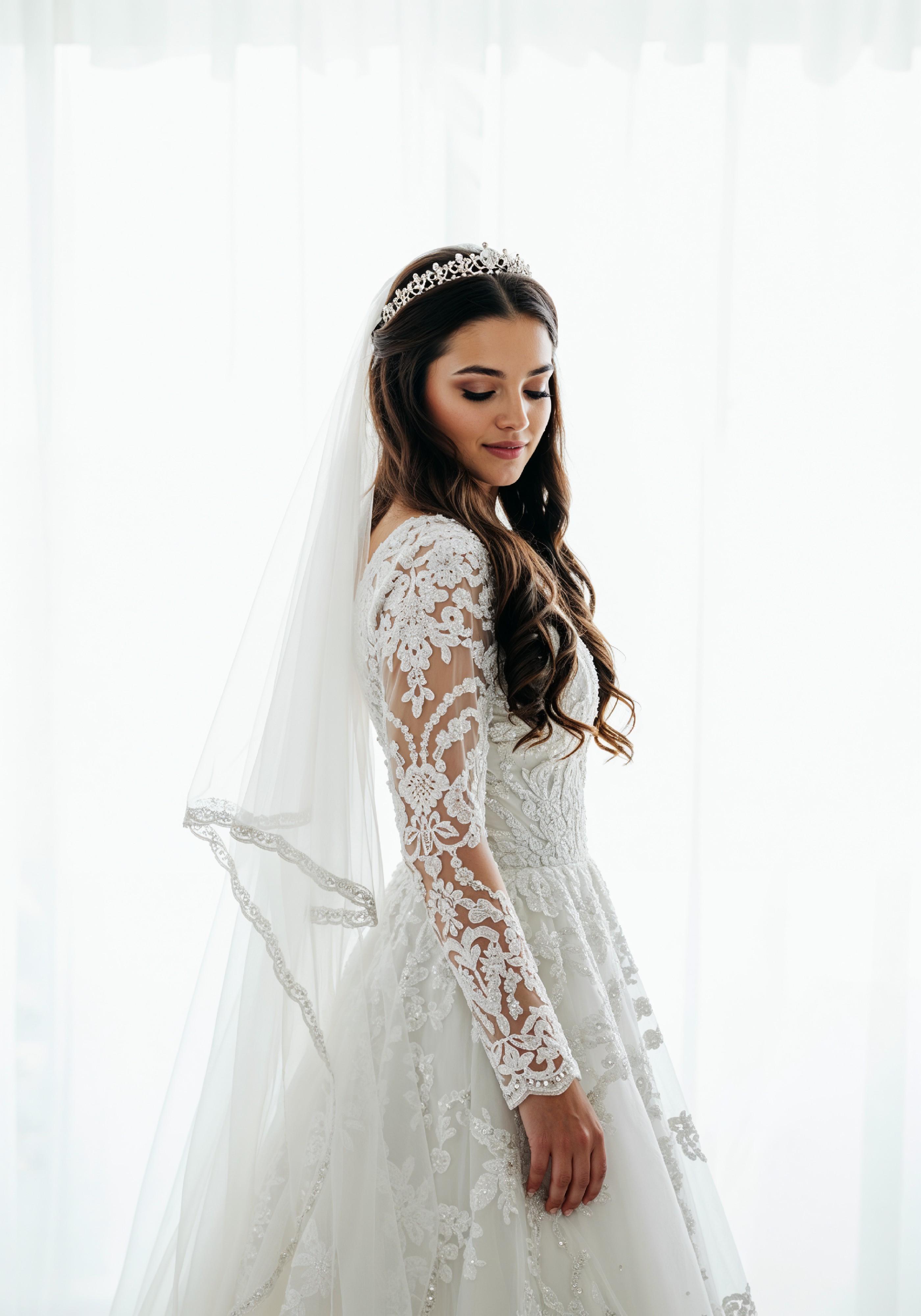 Elegant Young Woman in Luxury White Bridal Gown with Lace Details