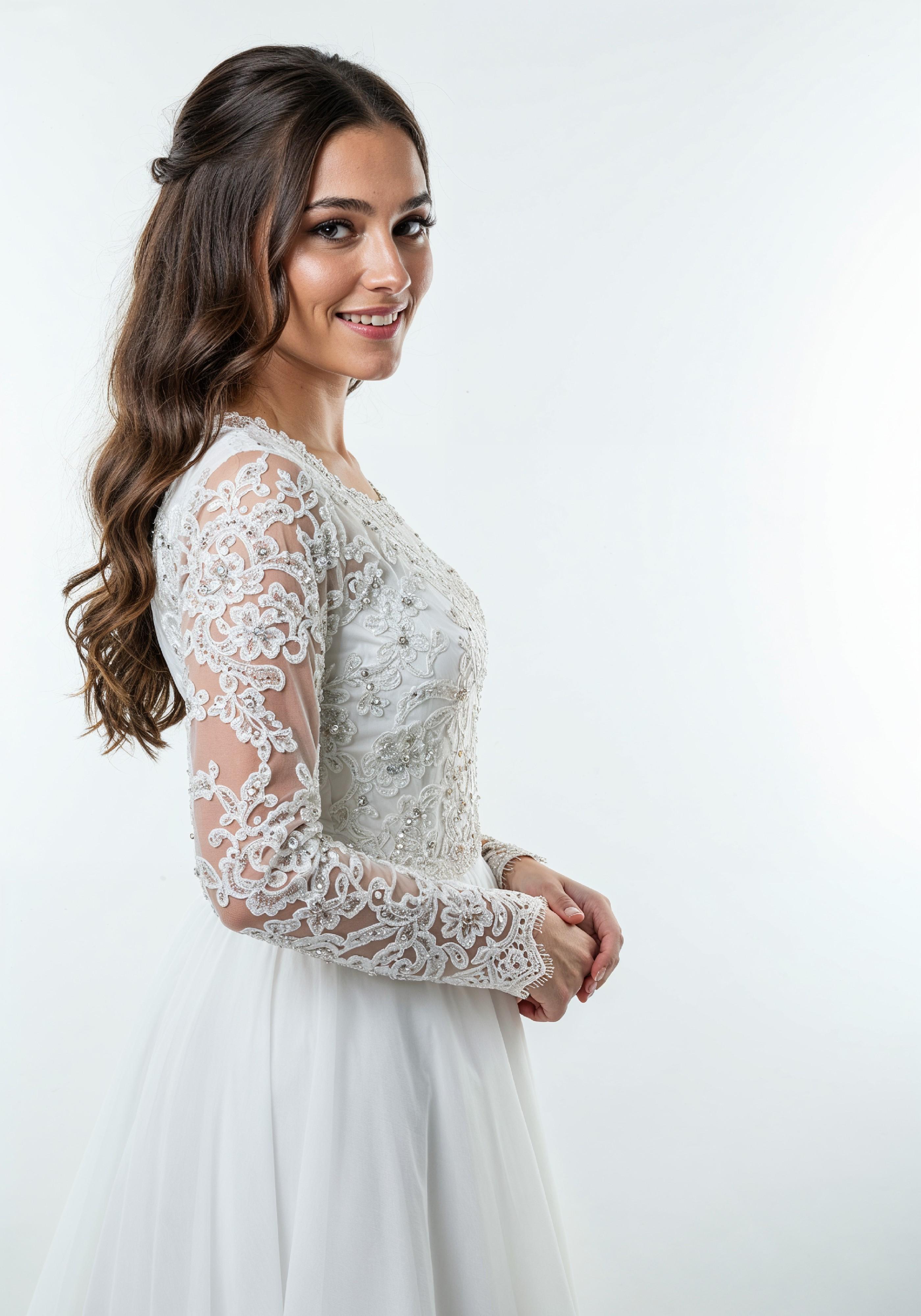 Elegant Young Woman in Luxury White Bridal Gown with Lace Details