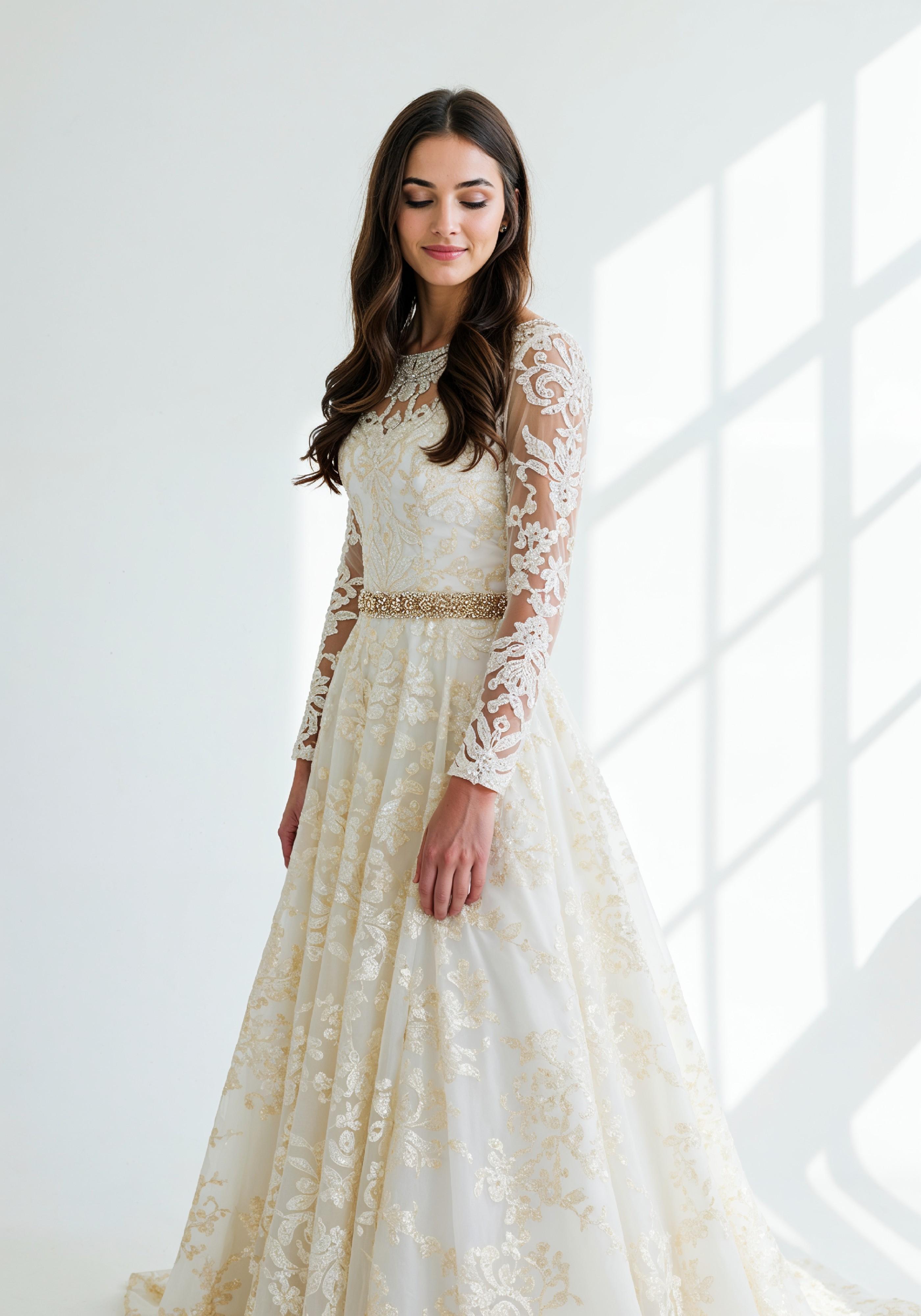 Elegant Young Woman in Luxury White Bridal Gown with Lace Details