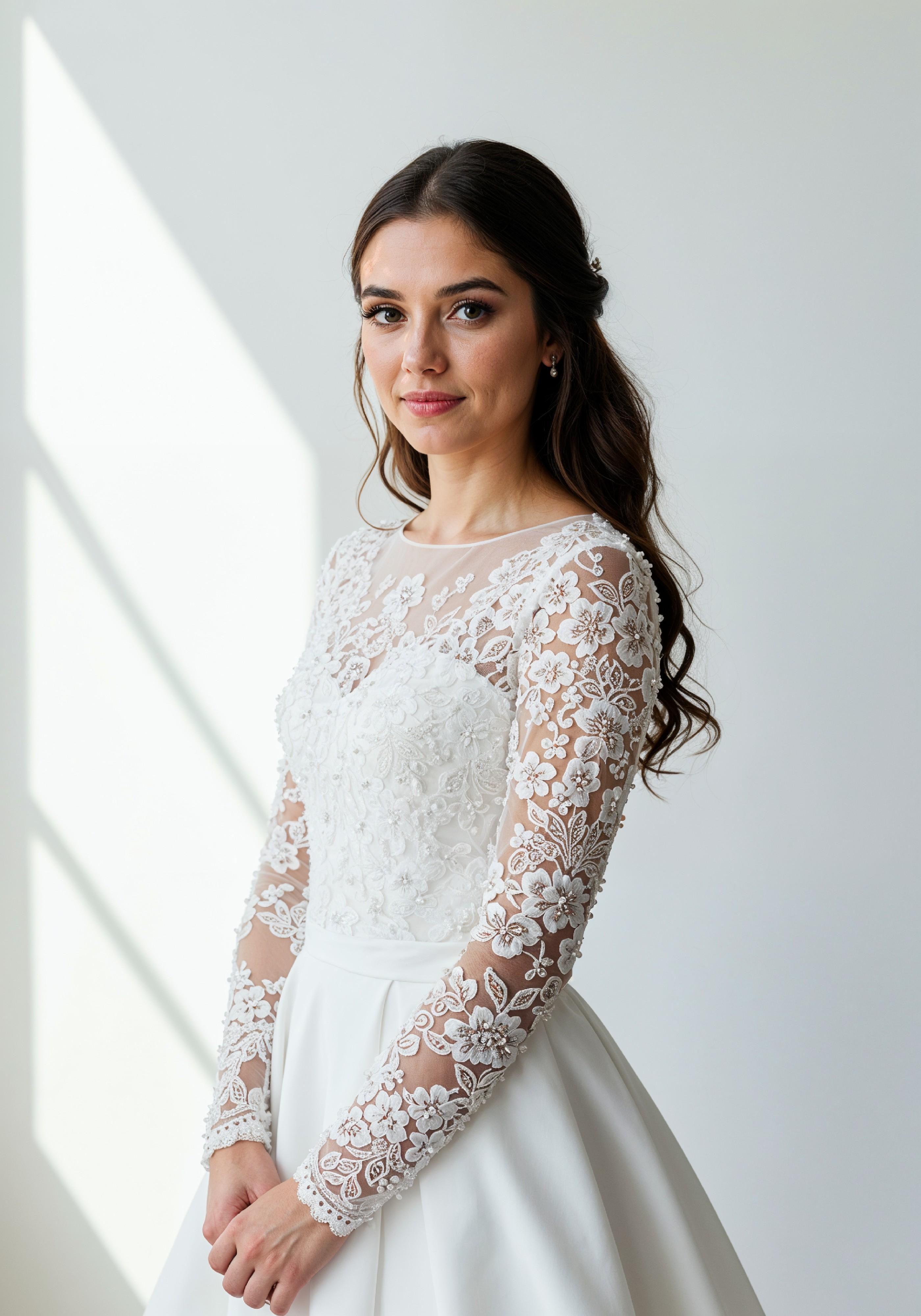 Elegant Young Woman in Luxury White Bridal Gown with Lace Details