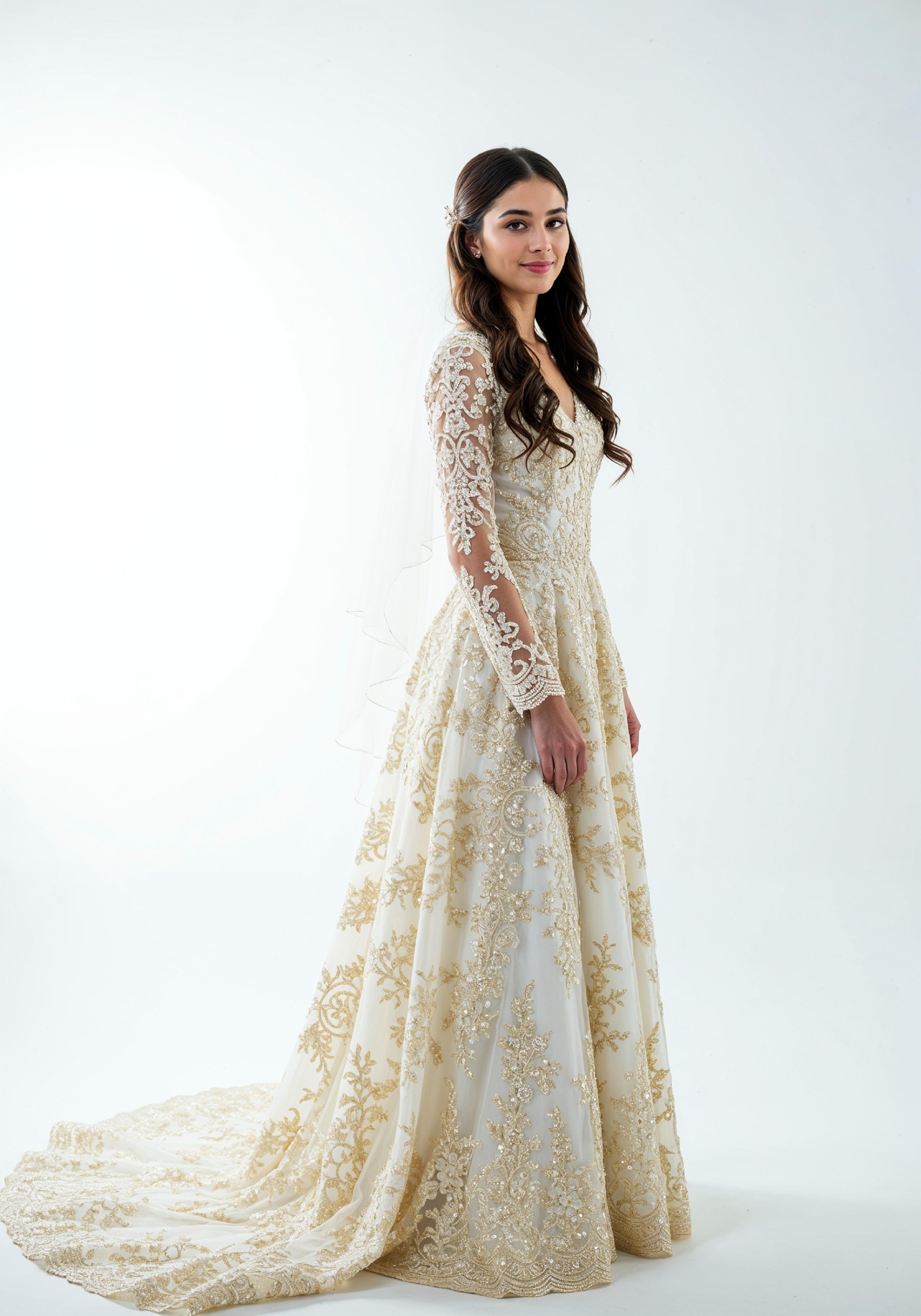 Elegant Young Woman in Luxury White Bridal Gown with Lace Details