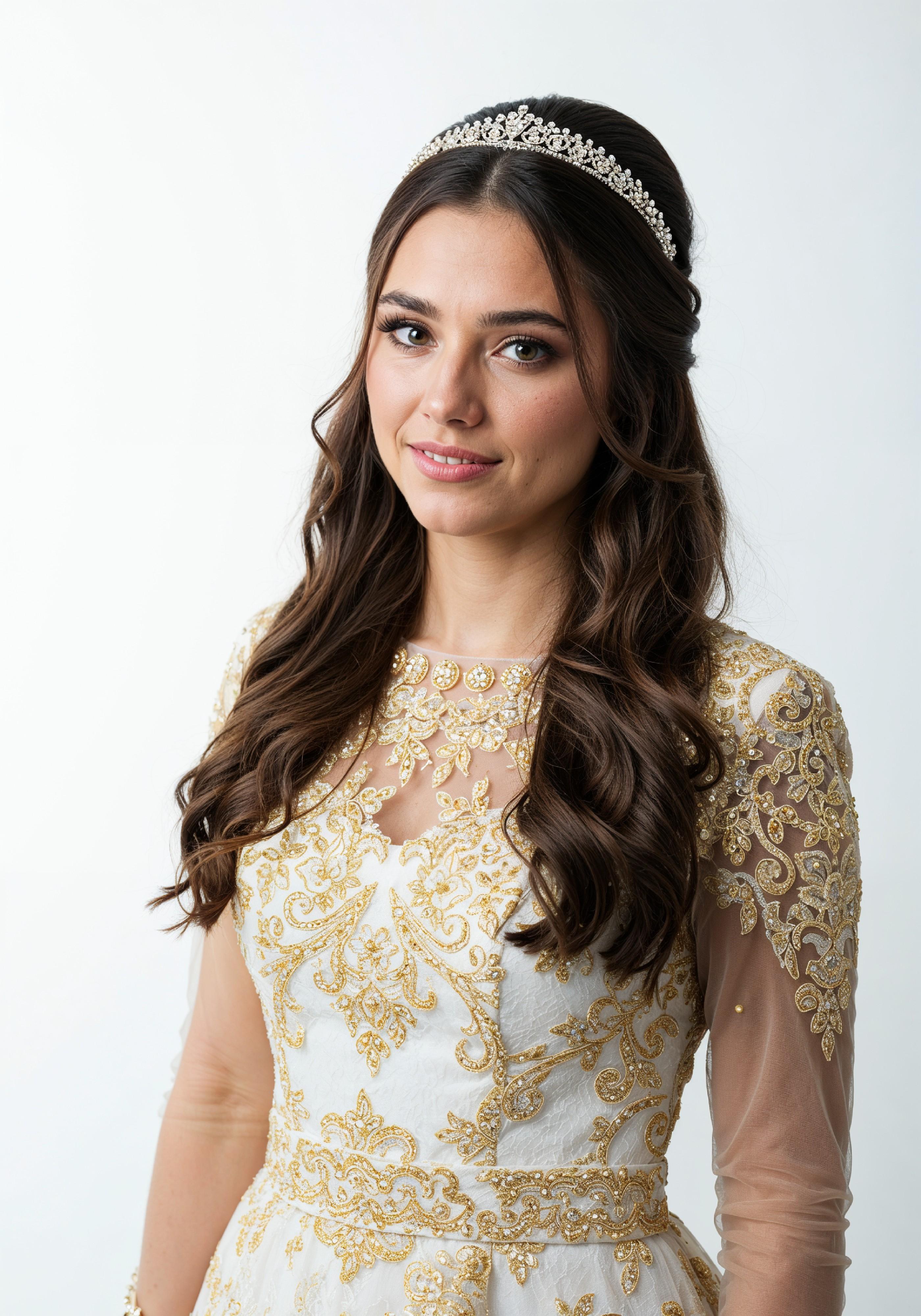 Elegant Young Woman in Luxury White Bridal Gown with Lace Details
