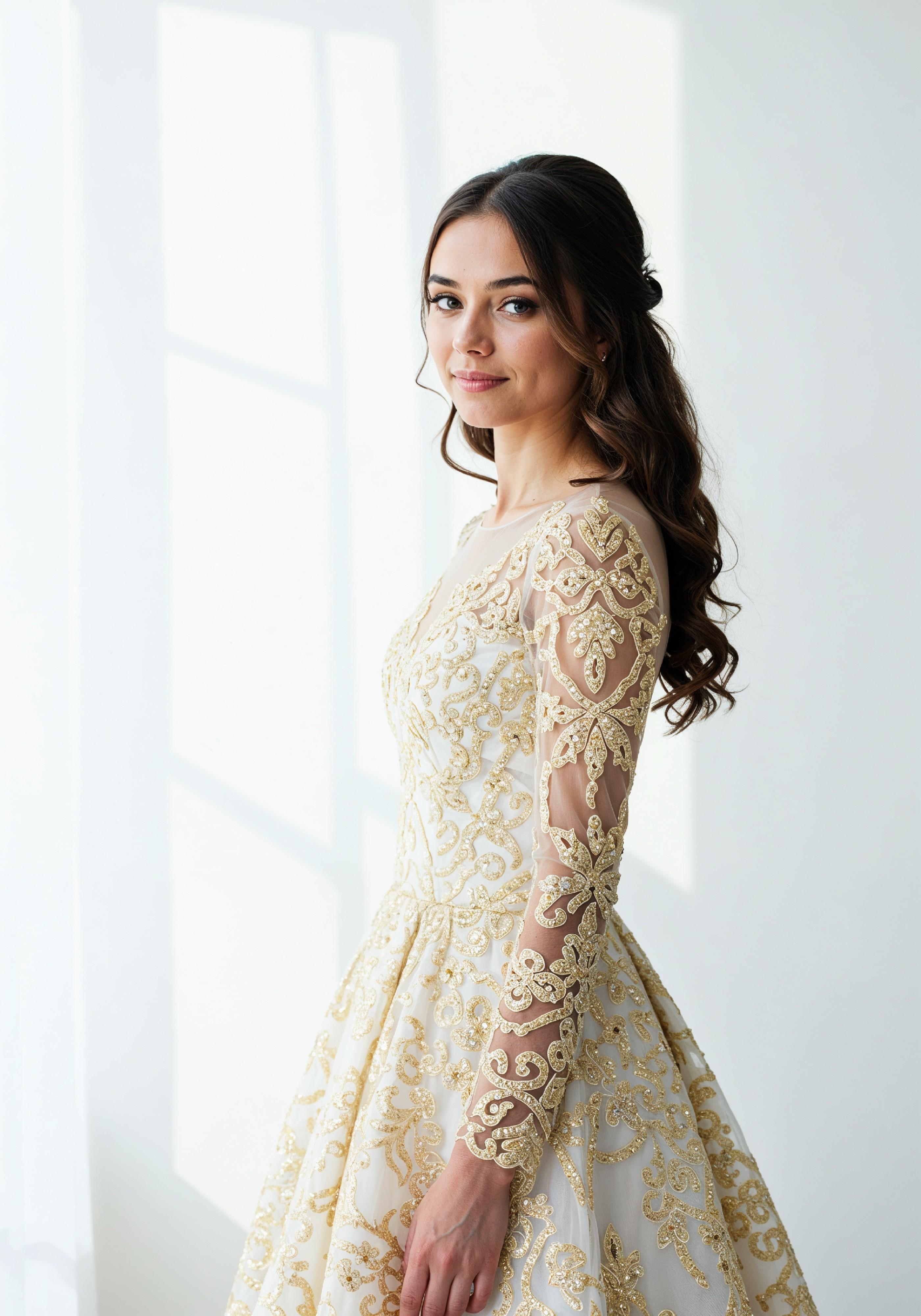 Elegant Young Woman in Luxury White Bridal Gown with Lace Details