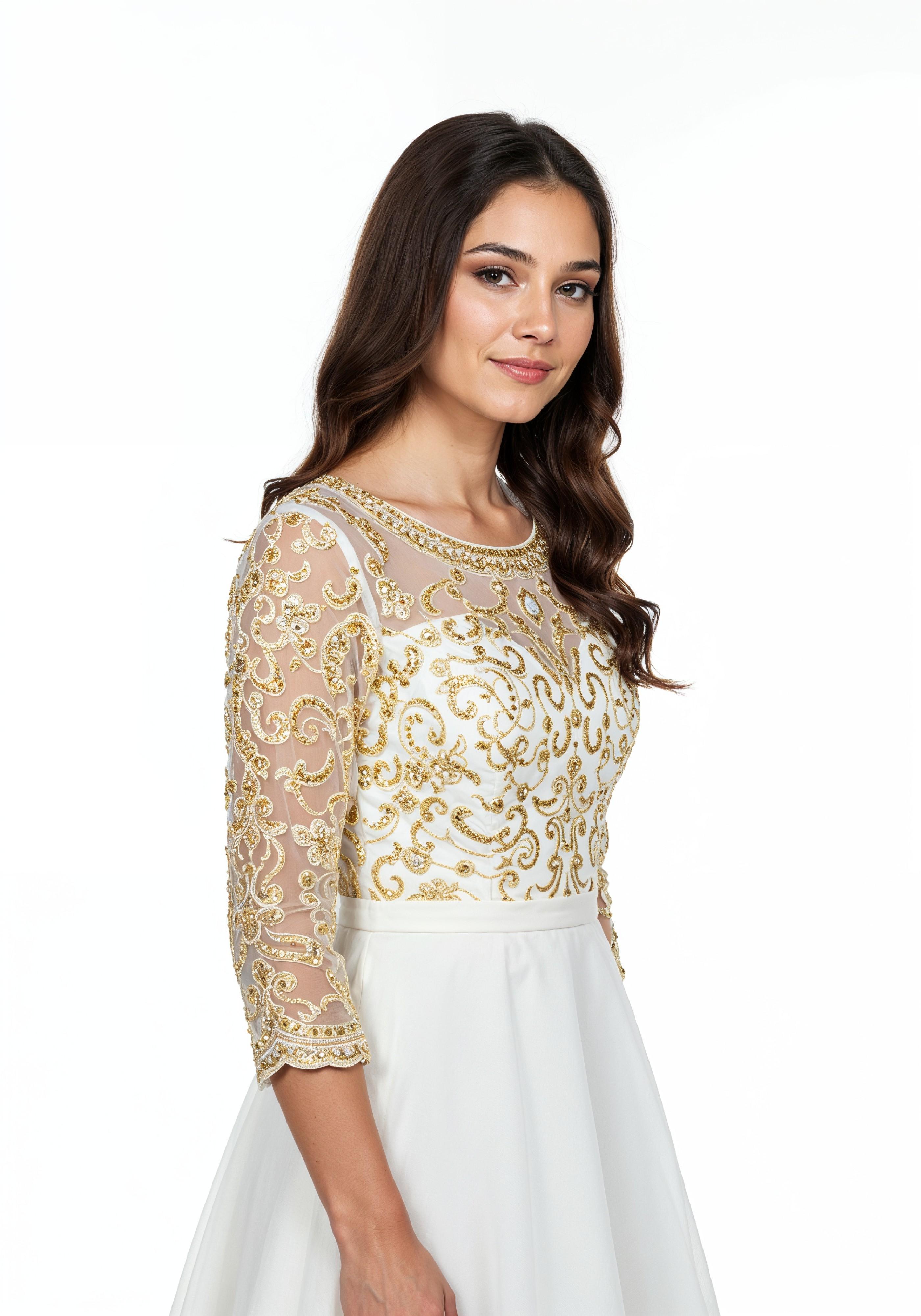 Elegant Young Woman in Luxury White Bridal Gown with Lace Details