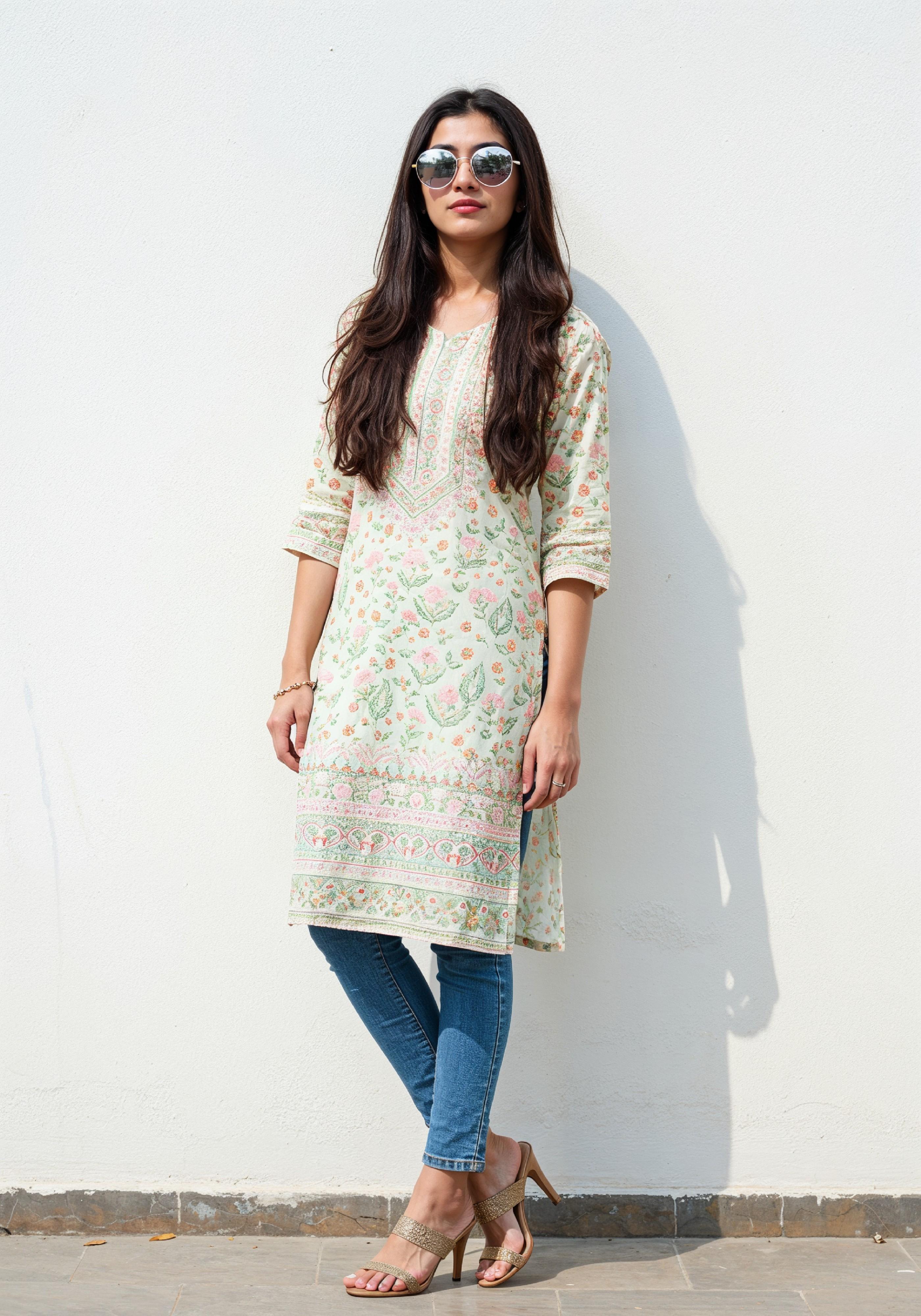 Elegant Young Woman in Traditional Printed Kurti and Jeans Ethnic Fashion Portrait