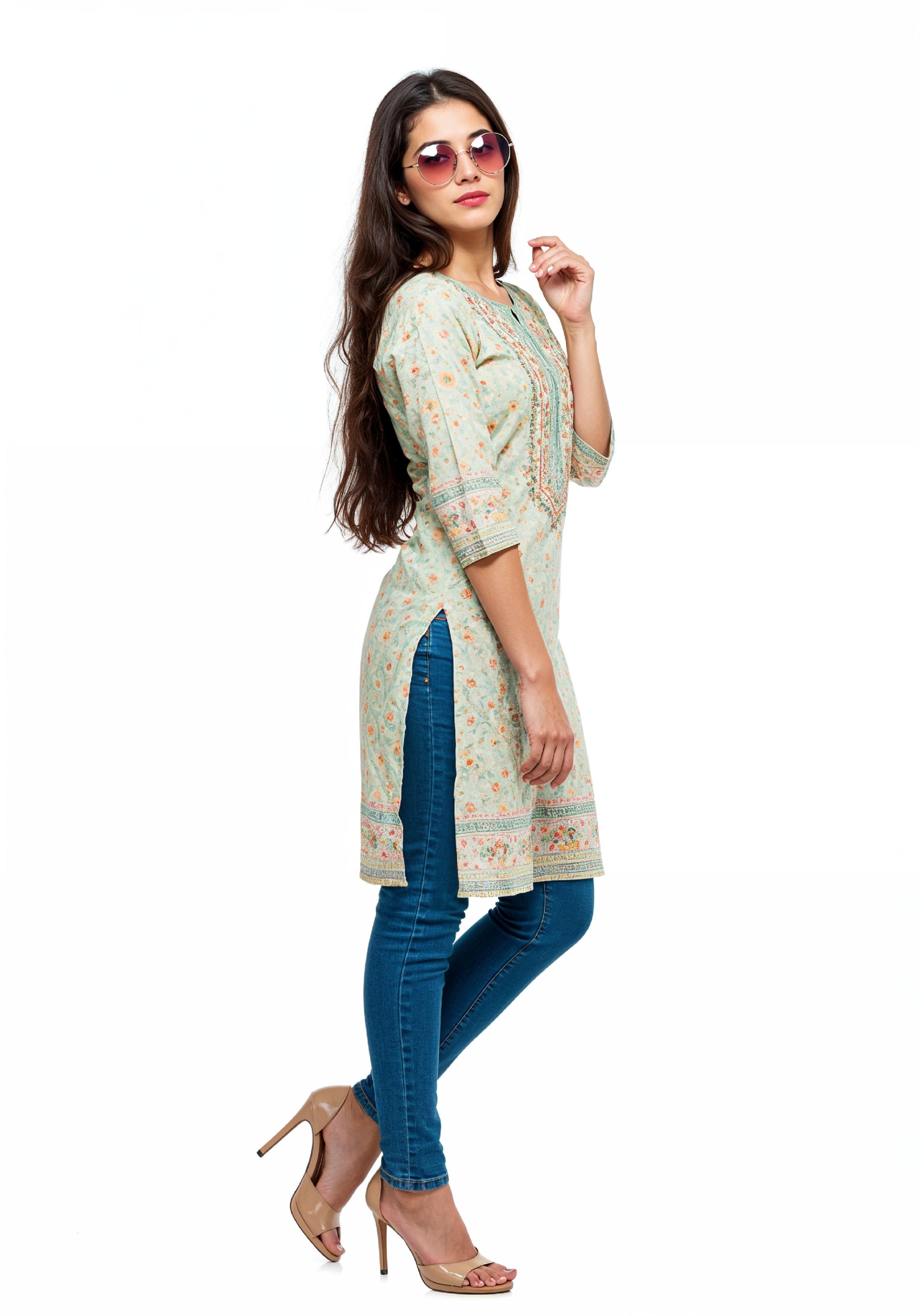 Elegant Young Woman in Traditional Printed Kurti and Jeans Ethnic Fashion Portrait
