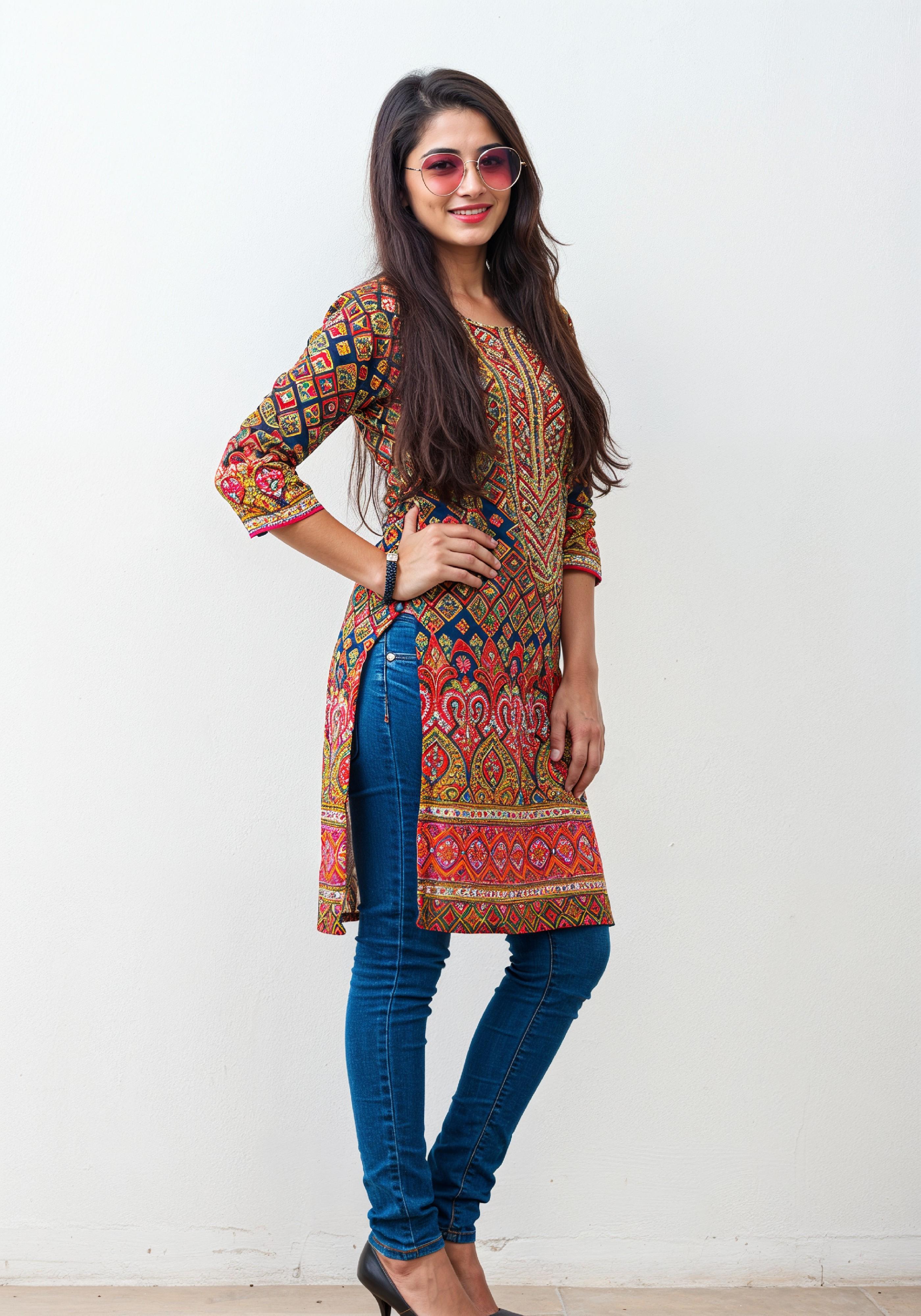 Elegant Young Woman in Traditional Printed Kurti and Jeans Ethnic Fashion Portrait