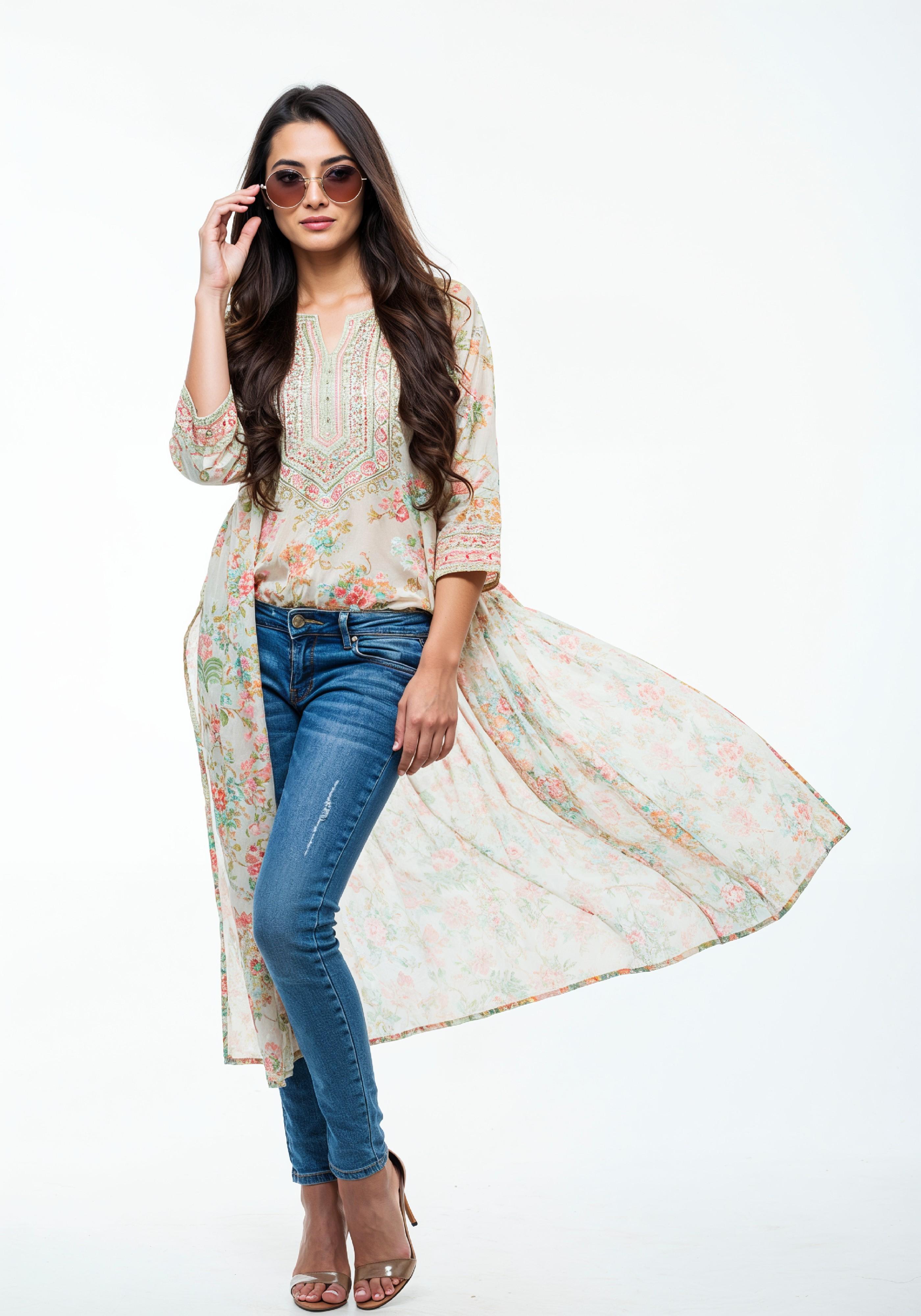 Elegant Young Woman in Traditional Printed Kurti and Jeans Ethnic Fashion Portrait