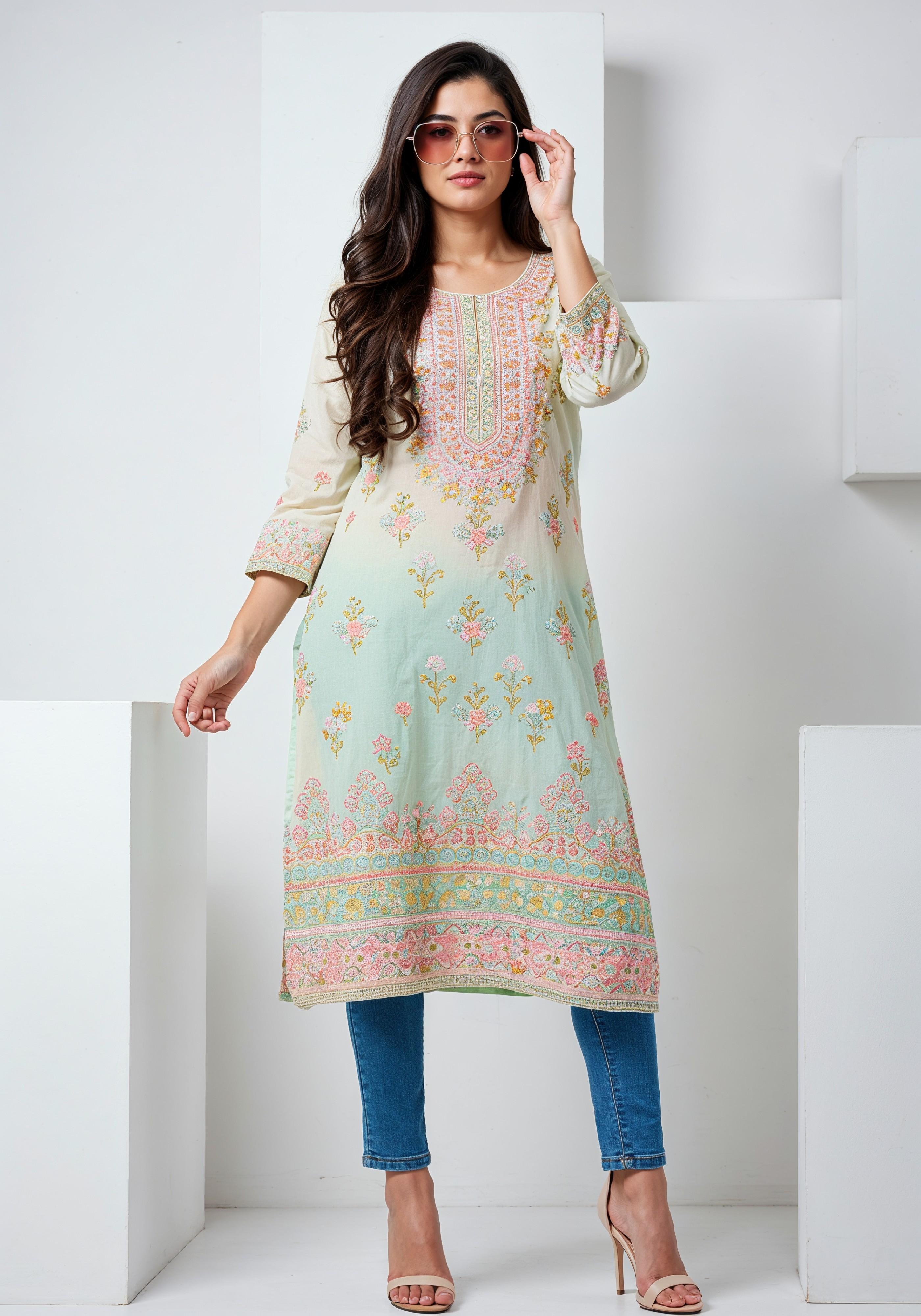 Elegant Young Woman in Traditional Printed Kurti and Jeans Ethnic Fashion Portrait