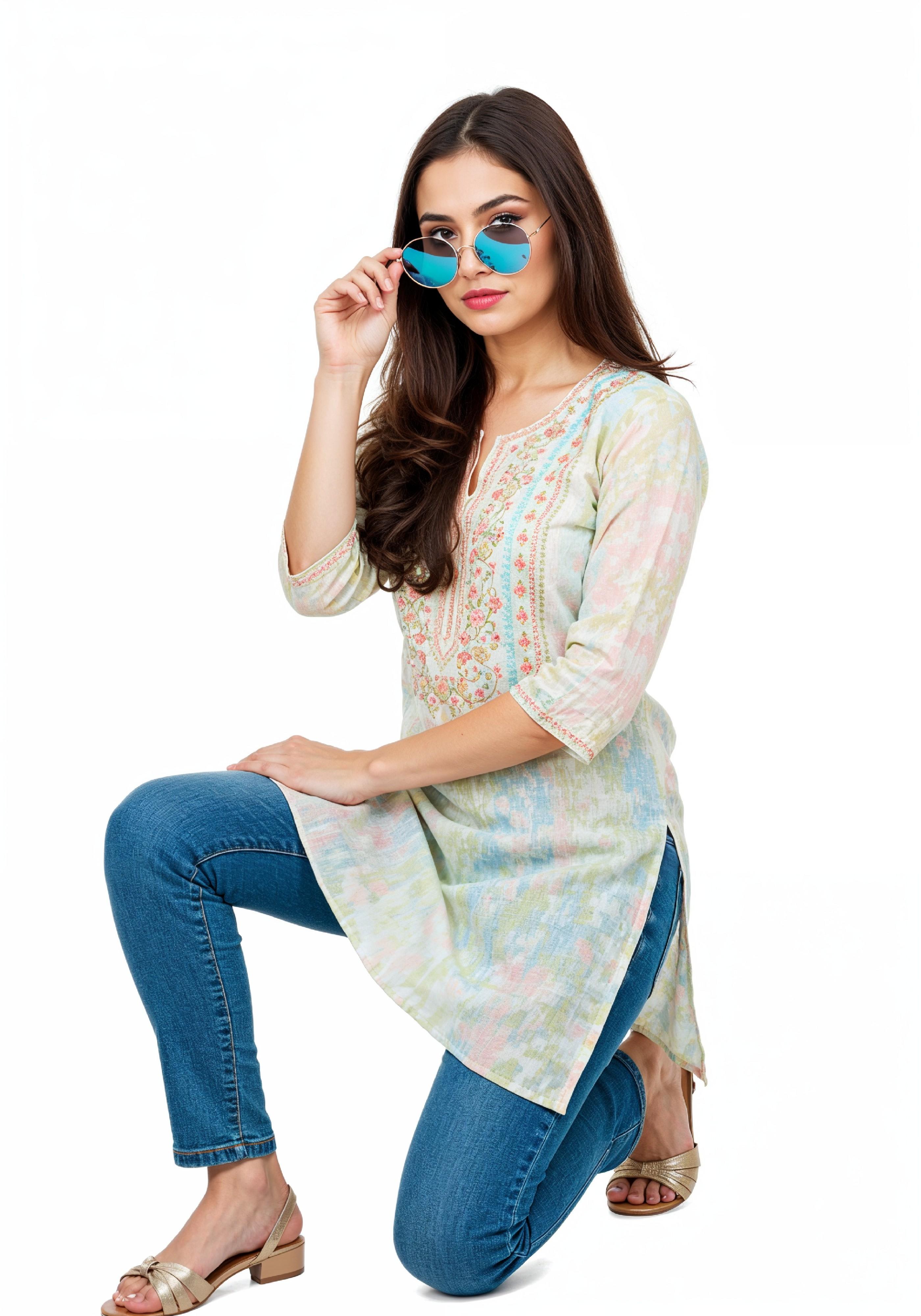 Elegant Young Woman in Traditional Printed Kurti and Jeans Ethnic Fashion Portrait
