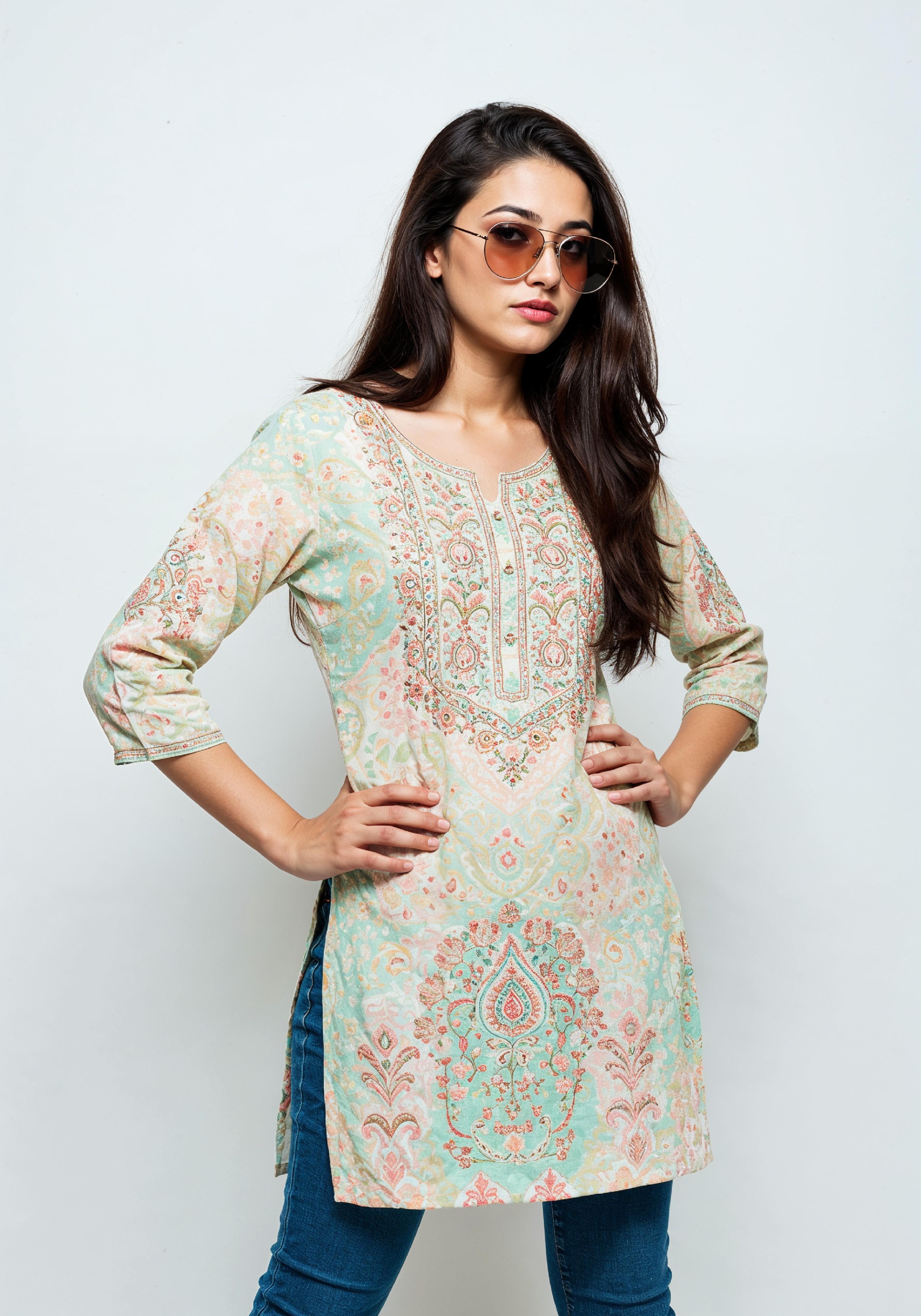 Elegant Young Woman in Traditional Printed Kurti and Jeans Ethnic Fashion Portrait