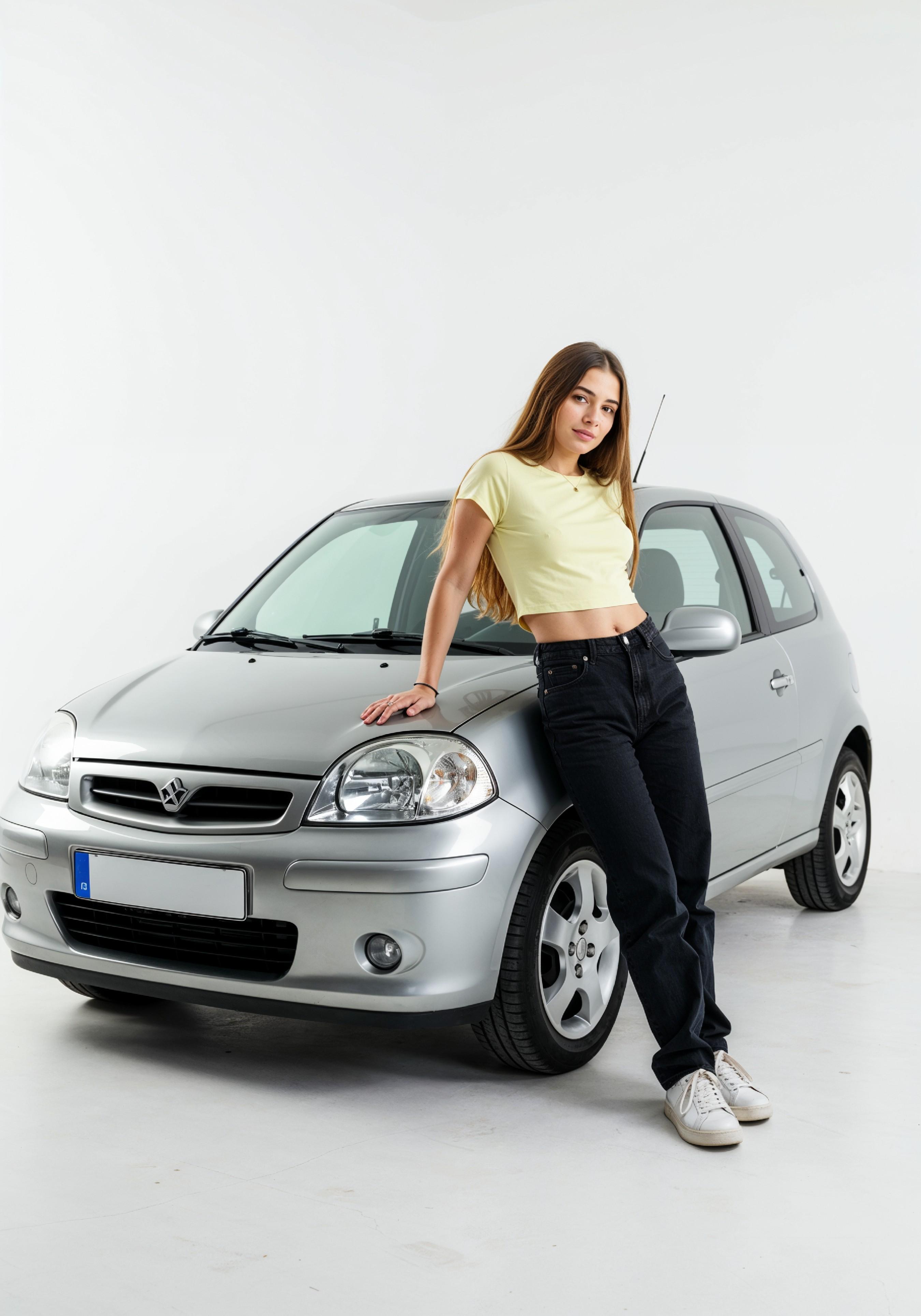 Elegant Young Woman Standing Beside Luxury Car in Fashion Lifestyle Portrait