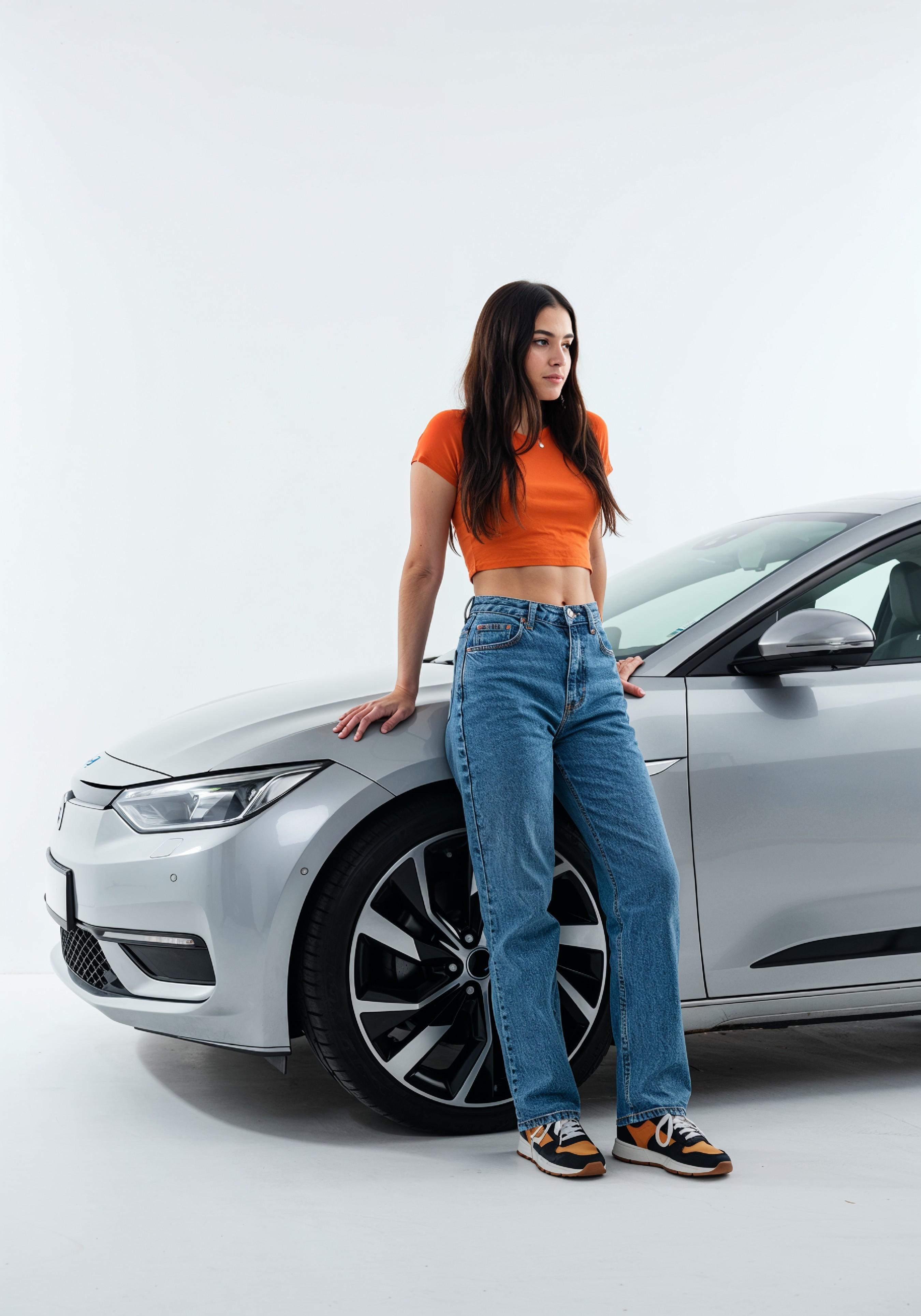 Elegant Young Woman Standing Beside Luxury Car in Fashion Lifestyle Portrait
