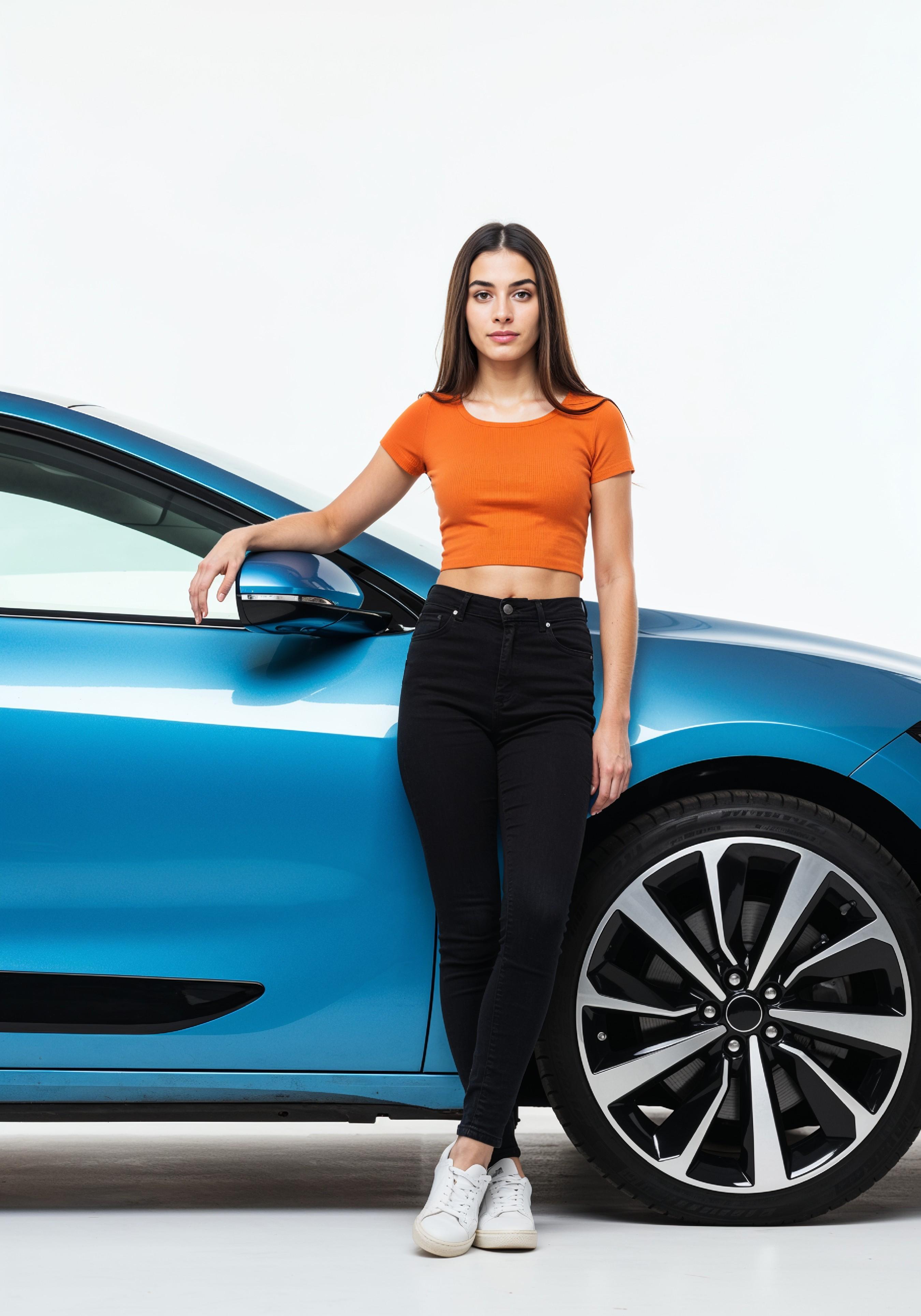 Elegant Young Woman Standing Beside Luxury Car in Fashion Lifestyle Portrait