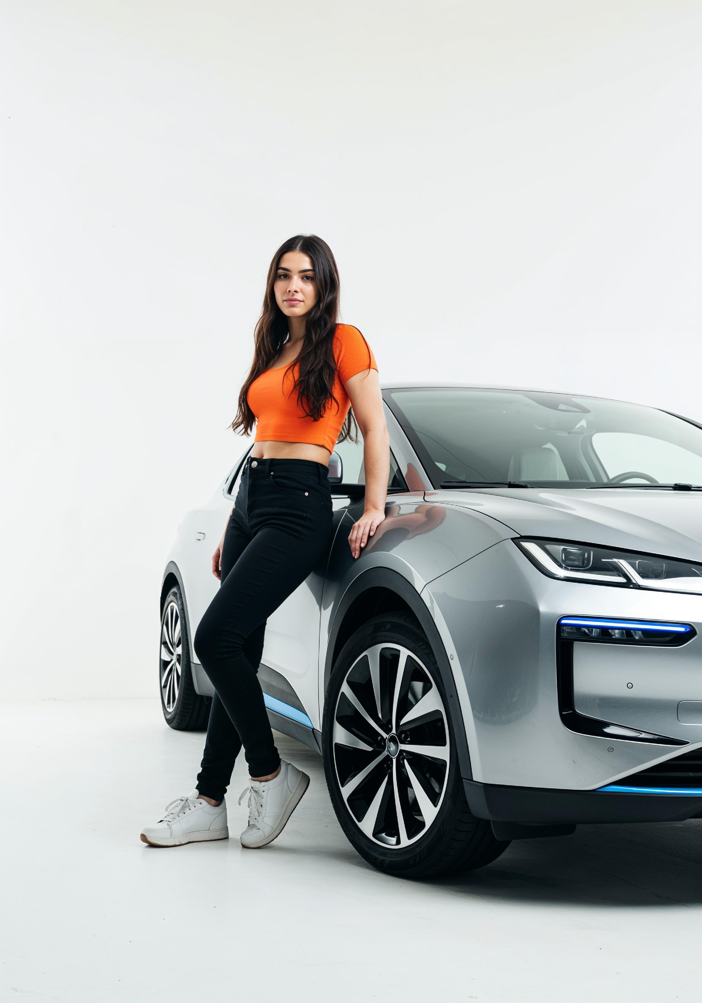 Elegant Young Woman Standing Beside Luxury Car in Fashion Lifestyle Portrait
