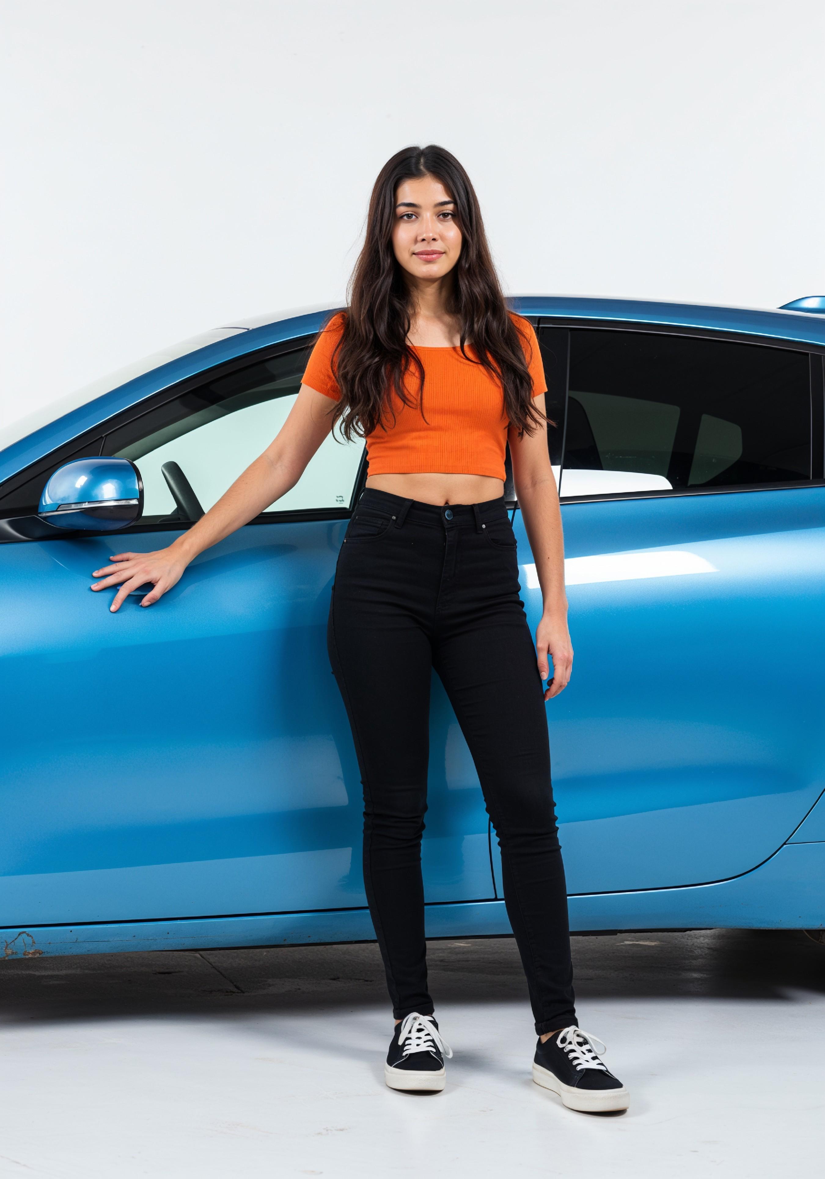 Elegant Young Woman Standing Beside Luxury Car in Fashion Lifestyle Portrait