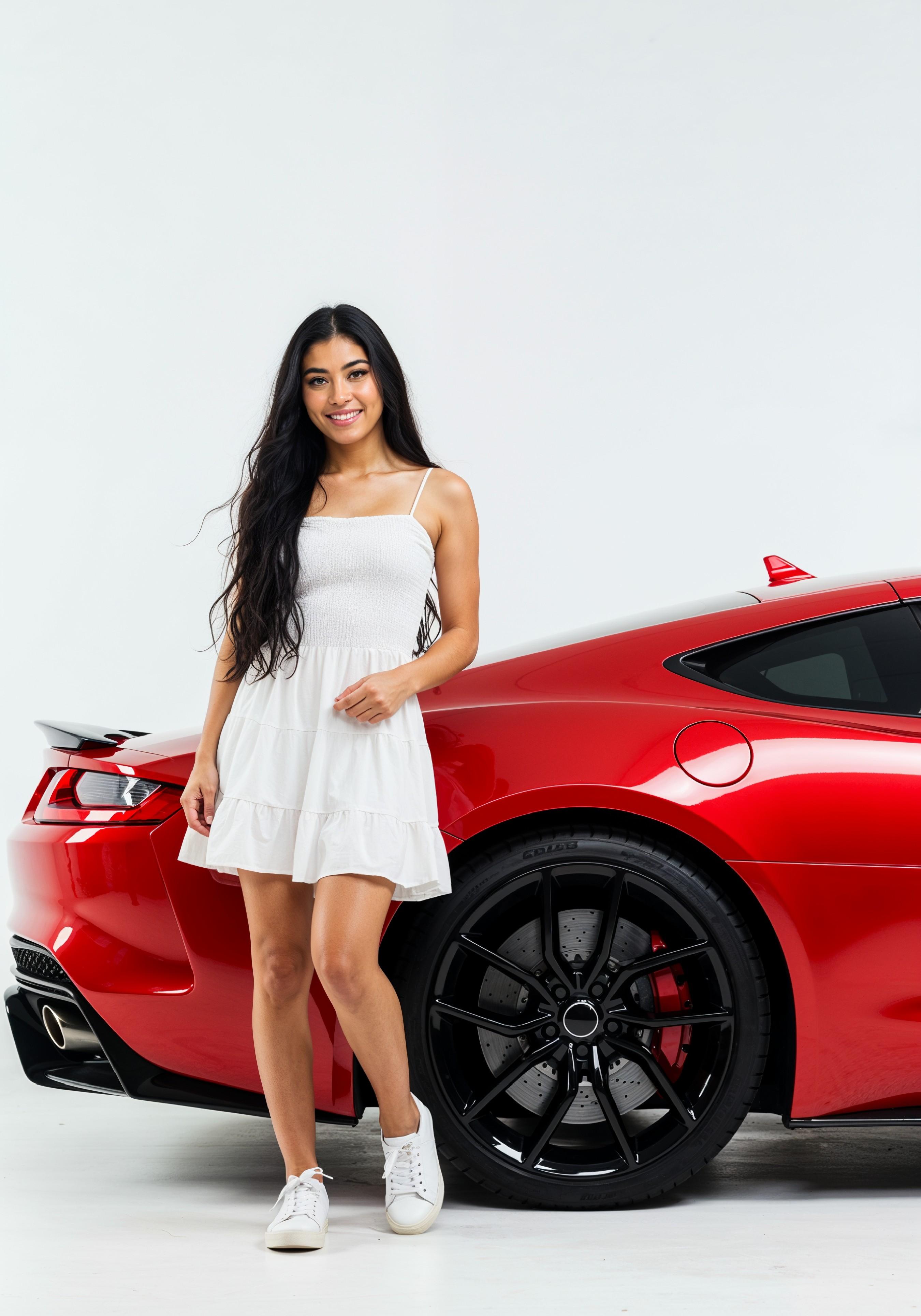 Elegant Young Woman Standing Beside Luxury Car in Fashion Lifestyle Portrait