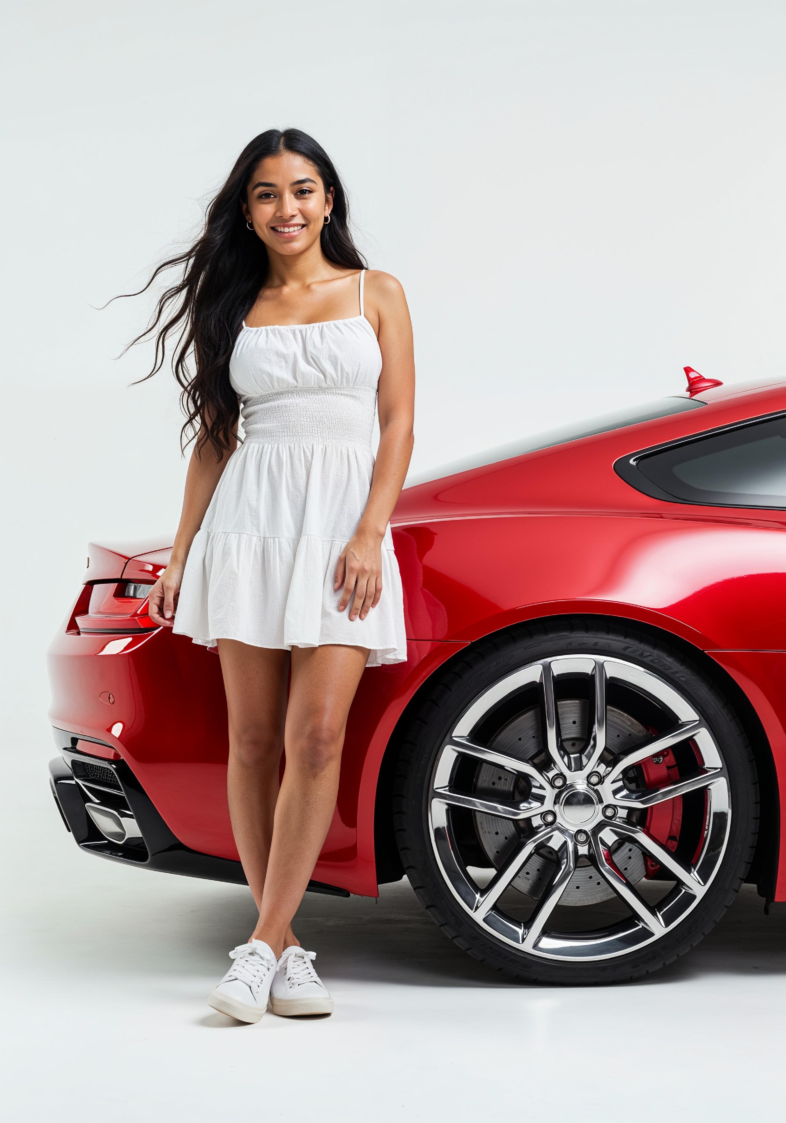 Elegant Young Woman Standing Beside Luxury Car in Fashion Lifestyle Portrait