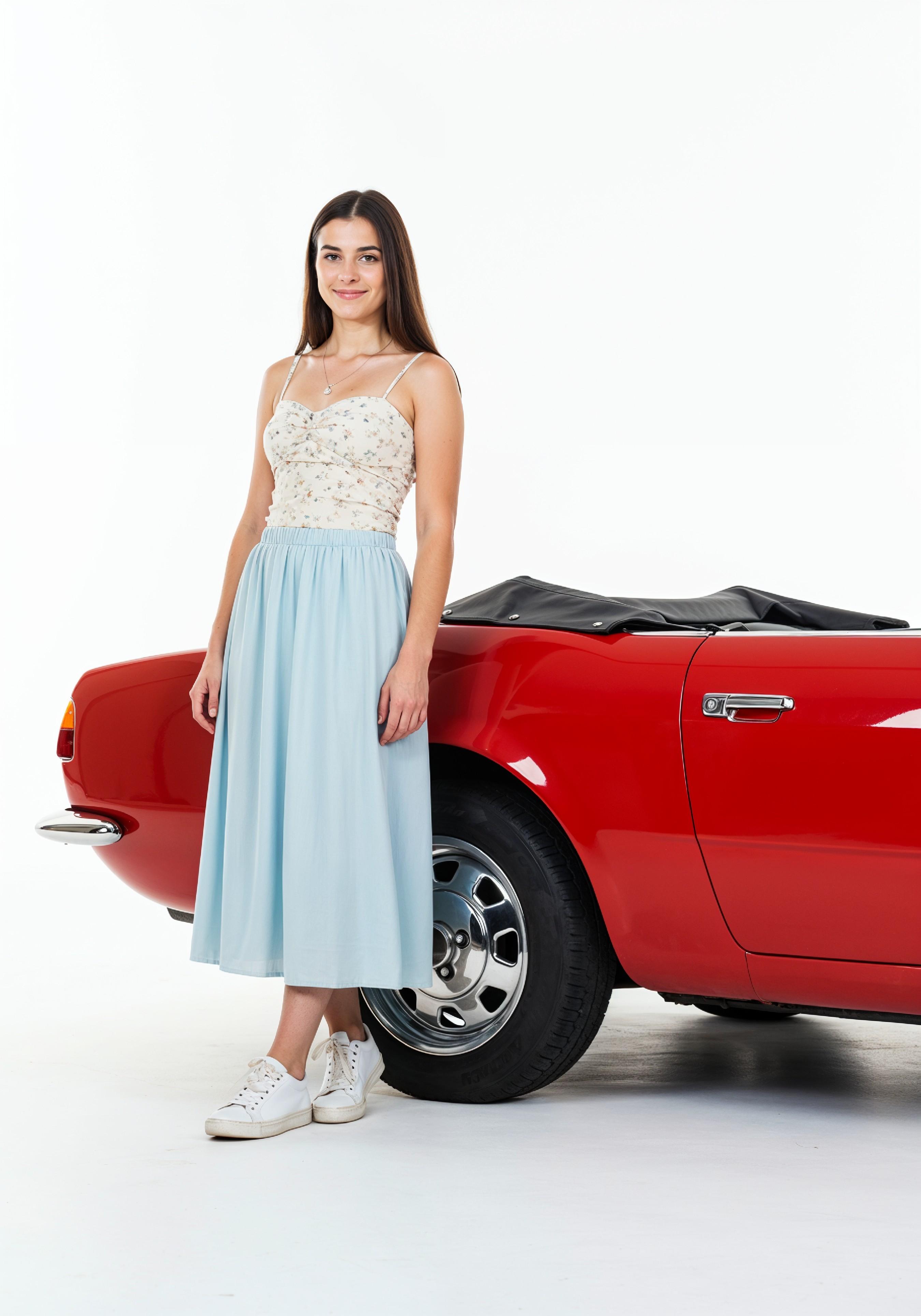 Elegant Young Woman Standing Beside Luxury Car in Fashion Lifestyle Portrait