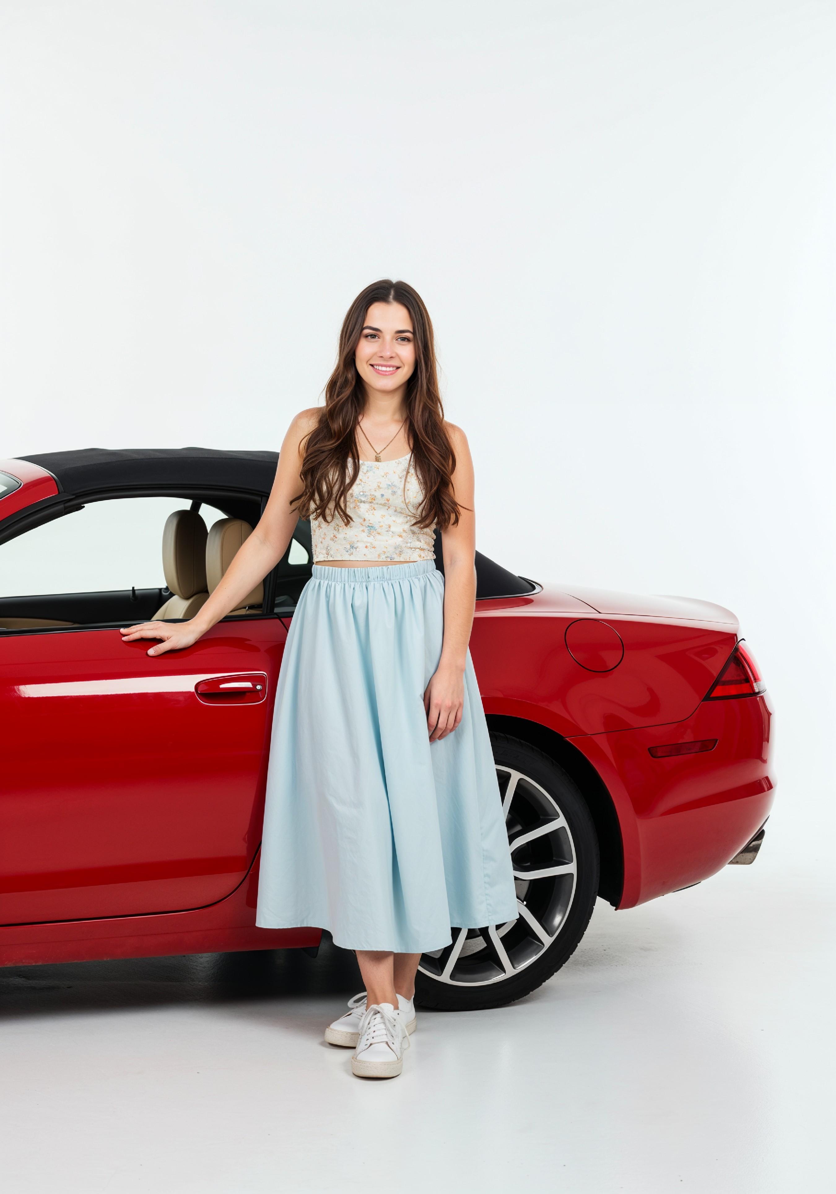 Elegant Young Woman Standing Beside Luxury Car in Fashion Lifestyle Portrait