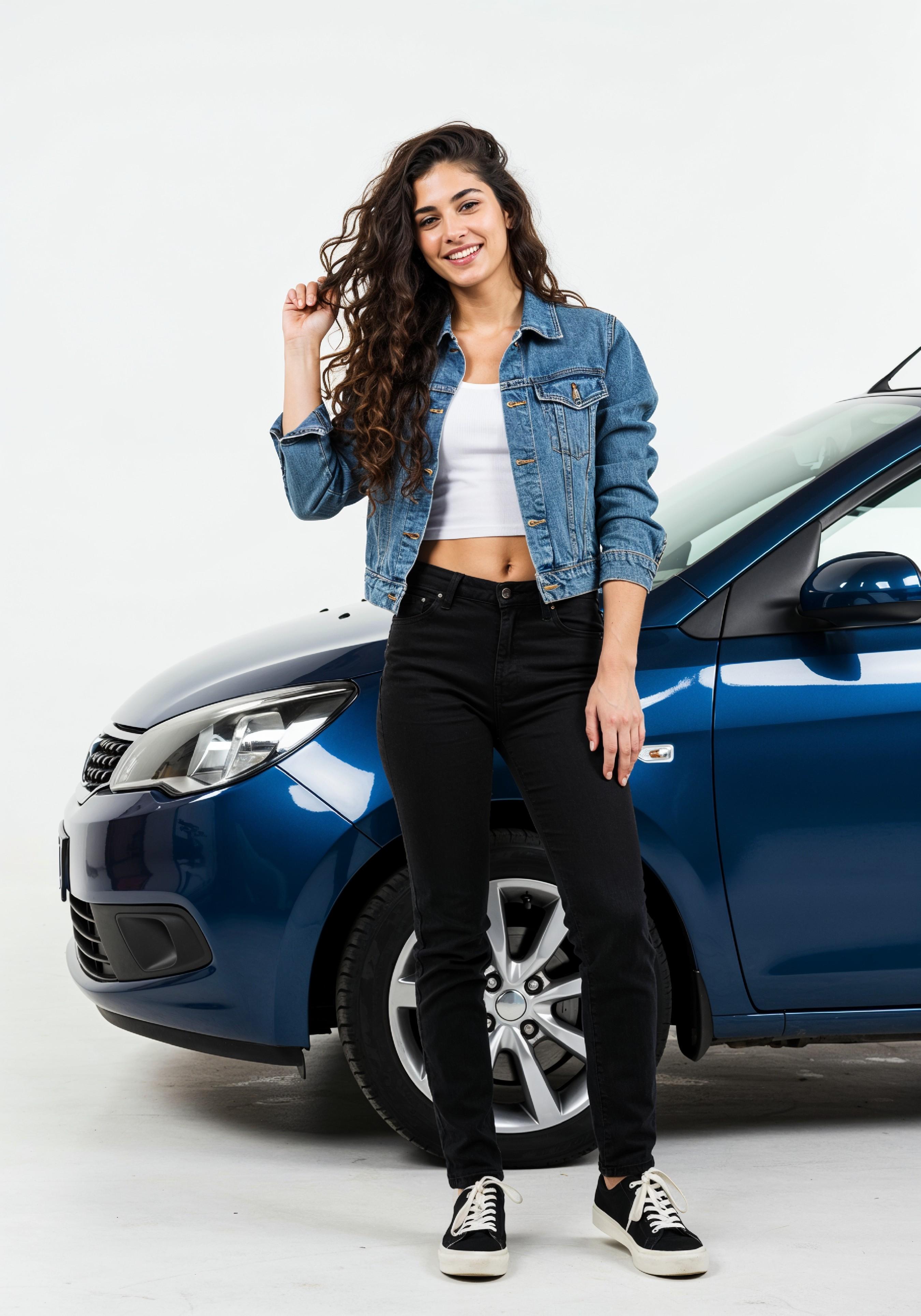 Elegant Young Woman Standing Beside Luxury Car in Fashion Lifestyle Portrait