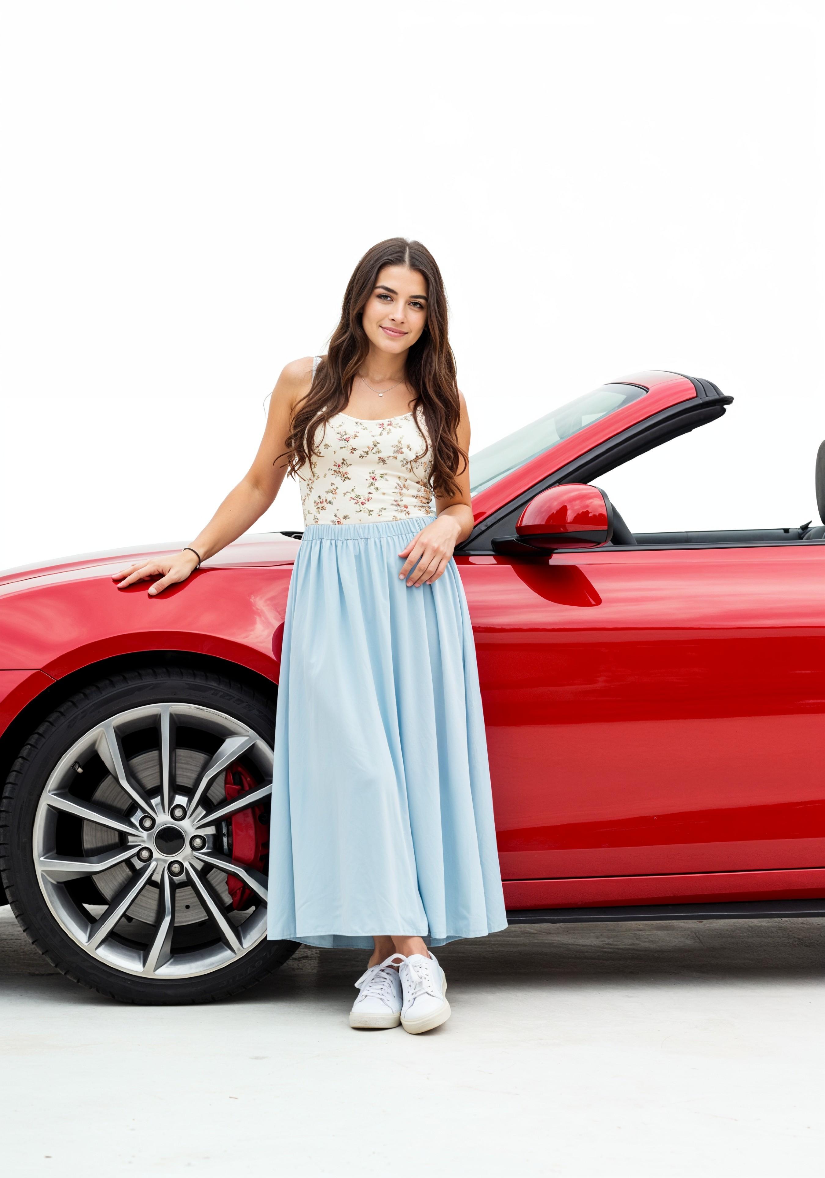 Elegant Young Woman Standing Beside Luxury Car in Fashion Lifestyle Portrait