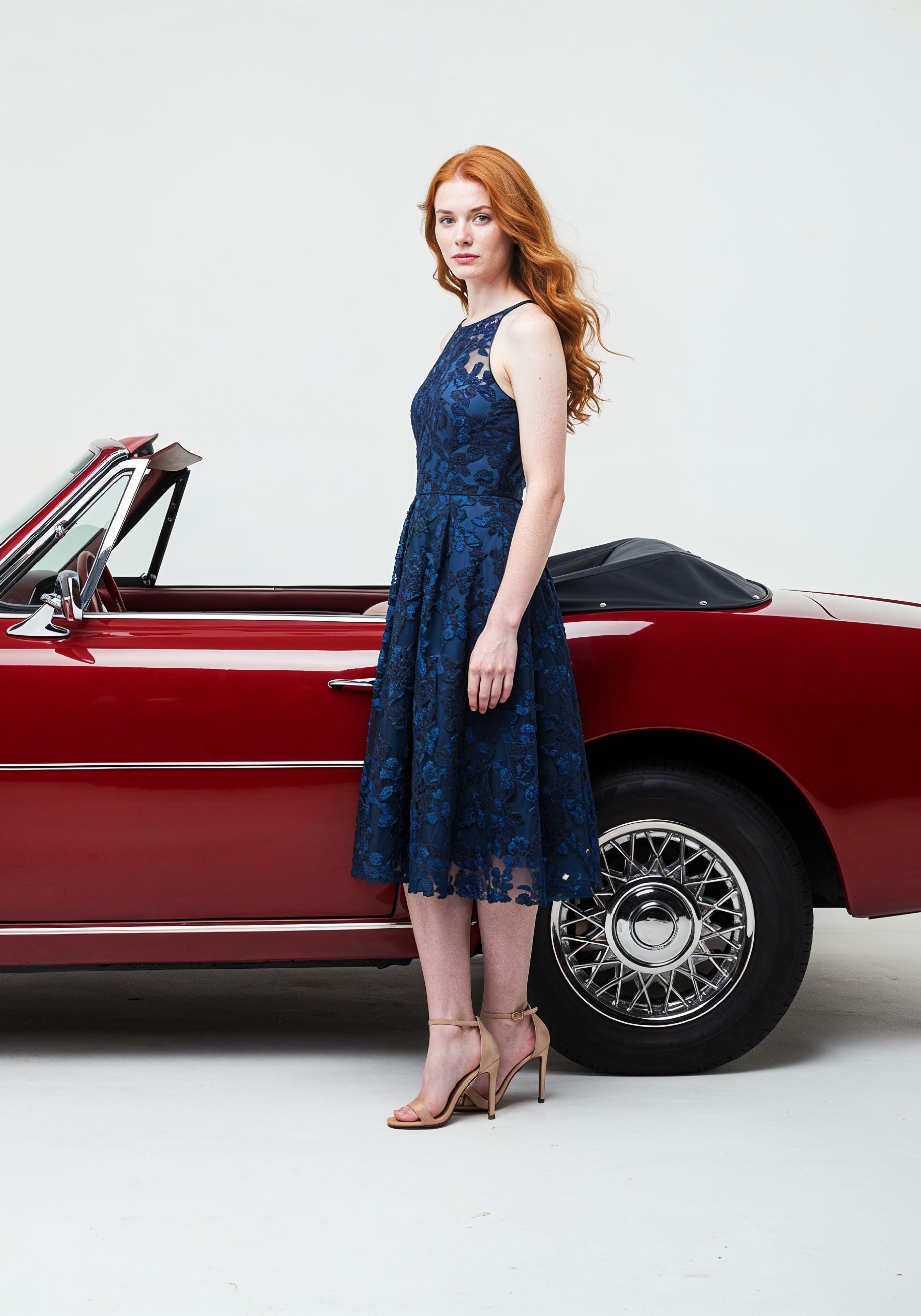 Elegant Young Woman Standing Beside Luxury Car in Fashion Lifestyle Portrait