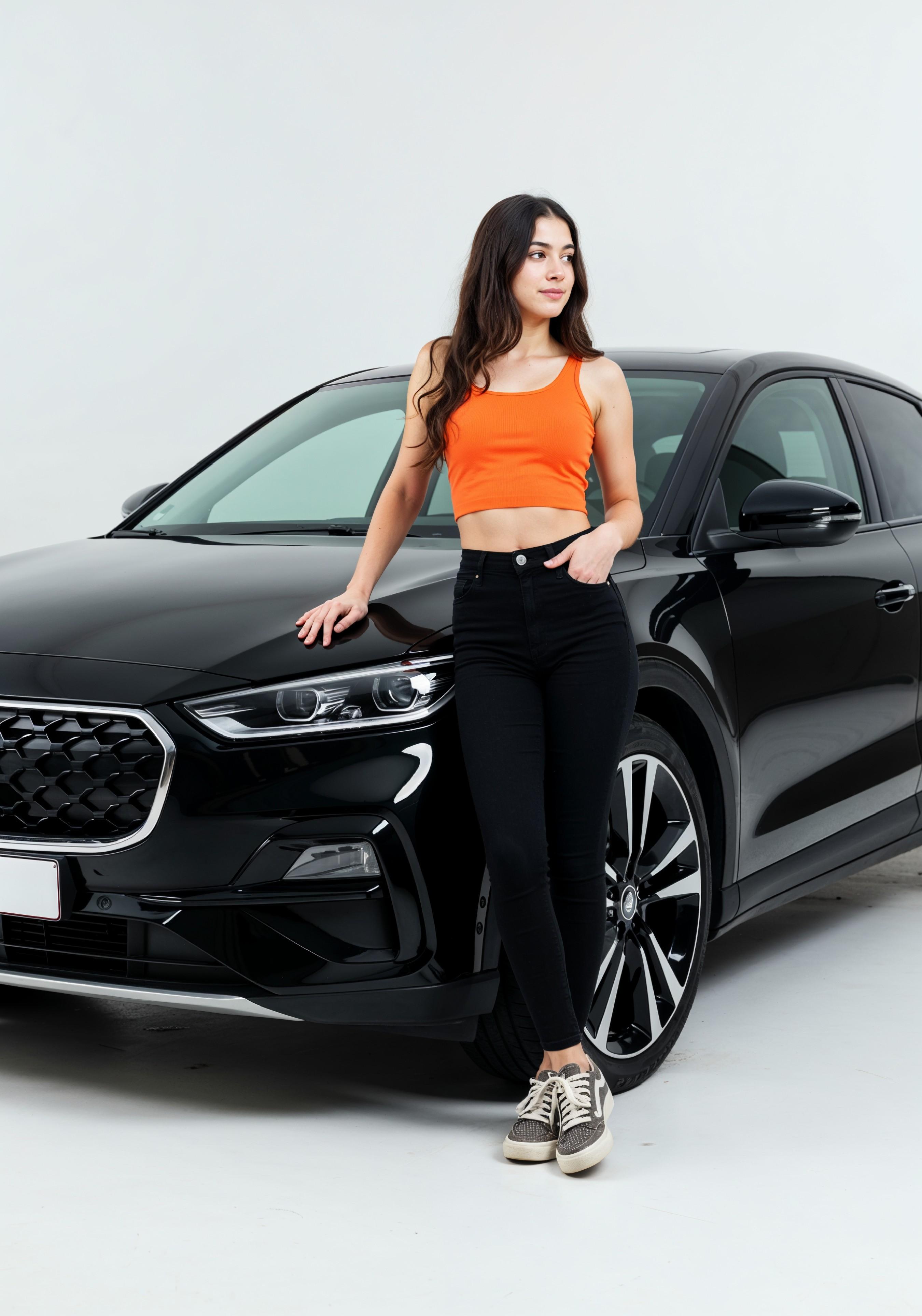 Elegant Young Woman Standing Beside Luxury Car in Fashion Lifestyle Portrait