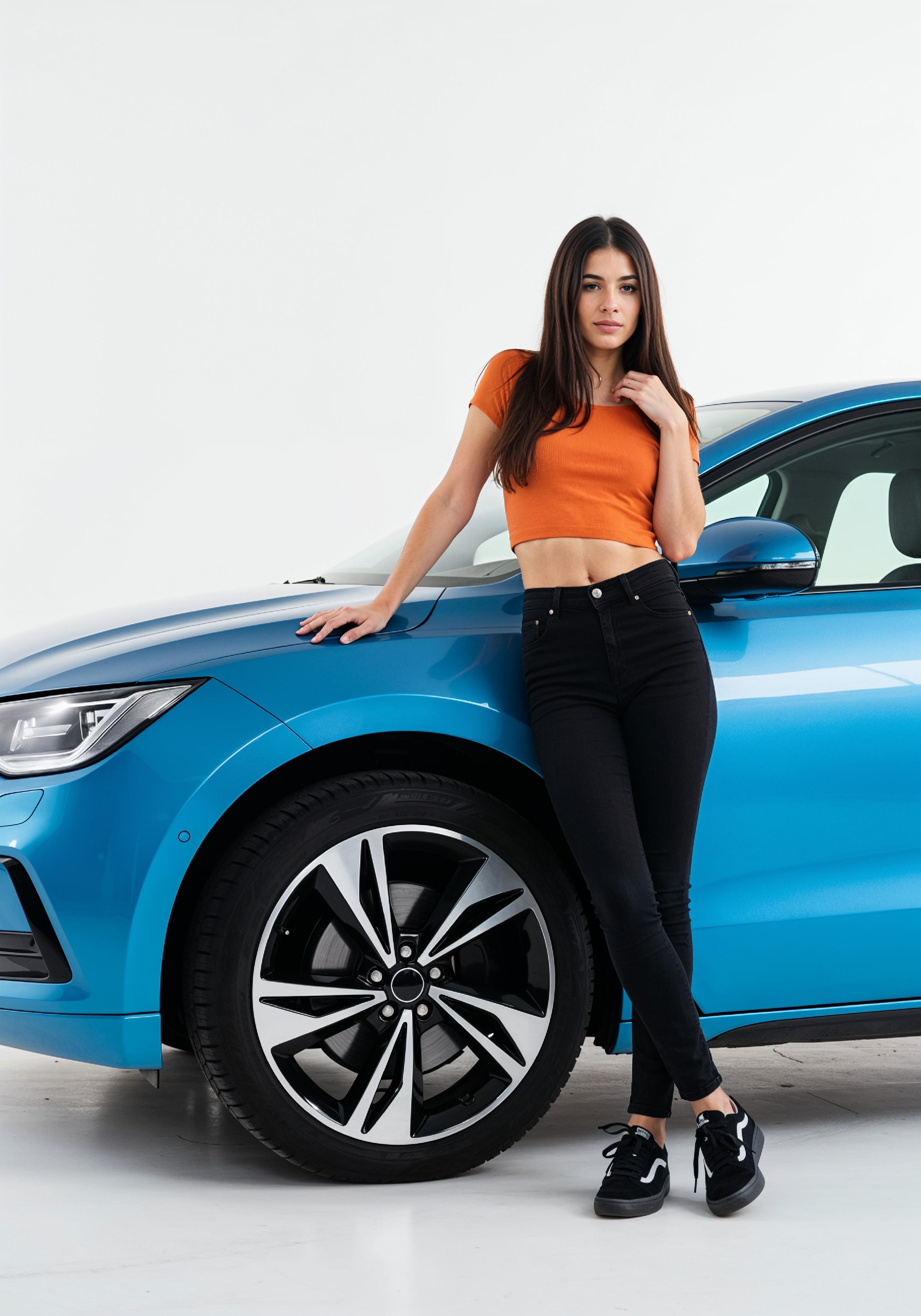 Elegant Young Woman Standing Beside Luxury Car in Fashion Lifestyle Portrait