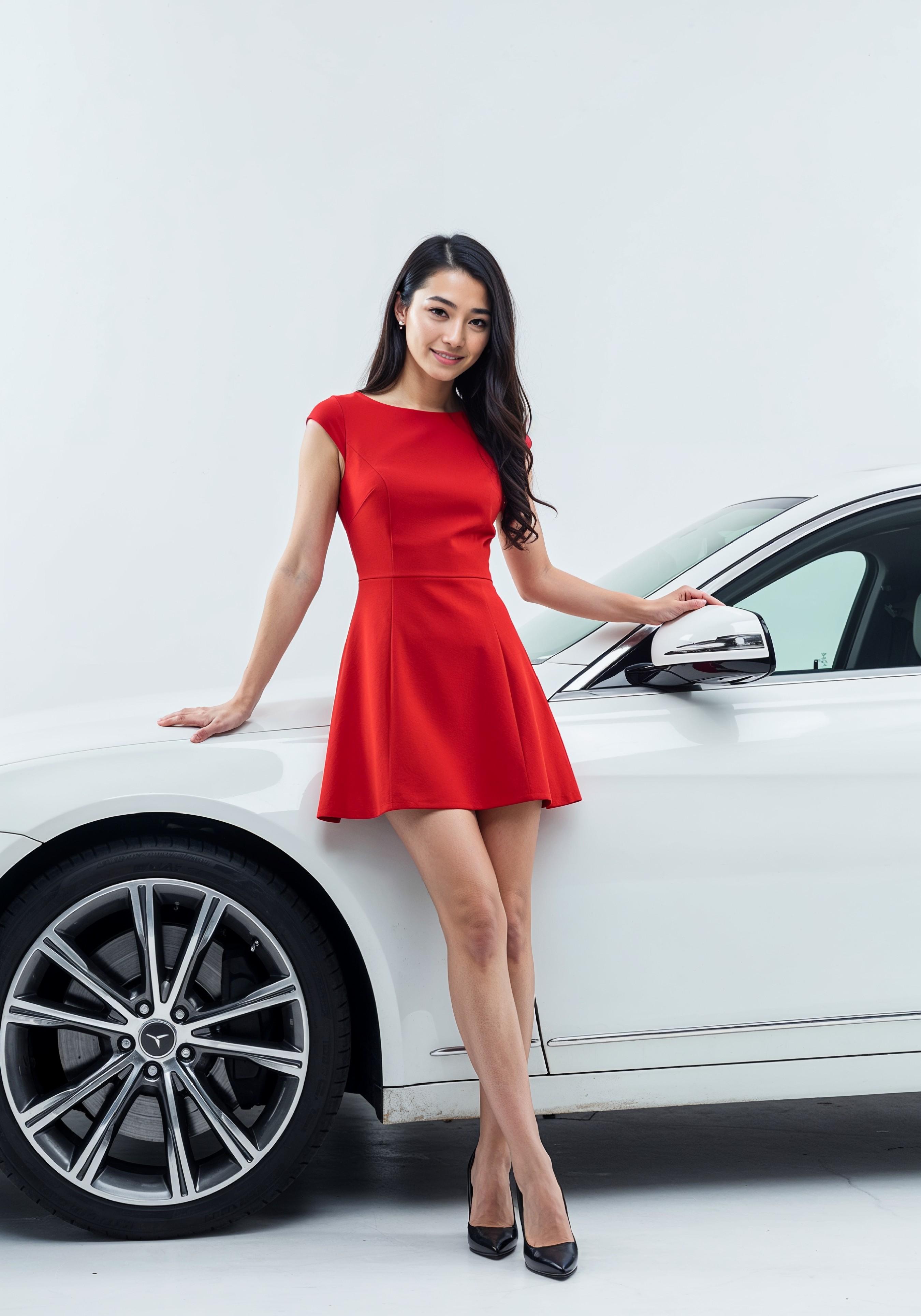 Elegant Young Woman Standing Beside Luxury Car in Fashion Lifestyle Portrait