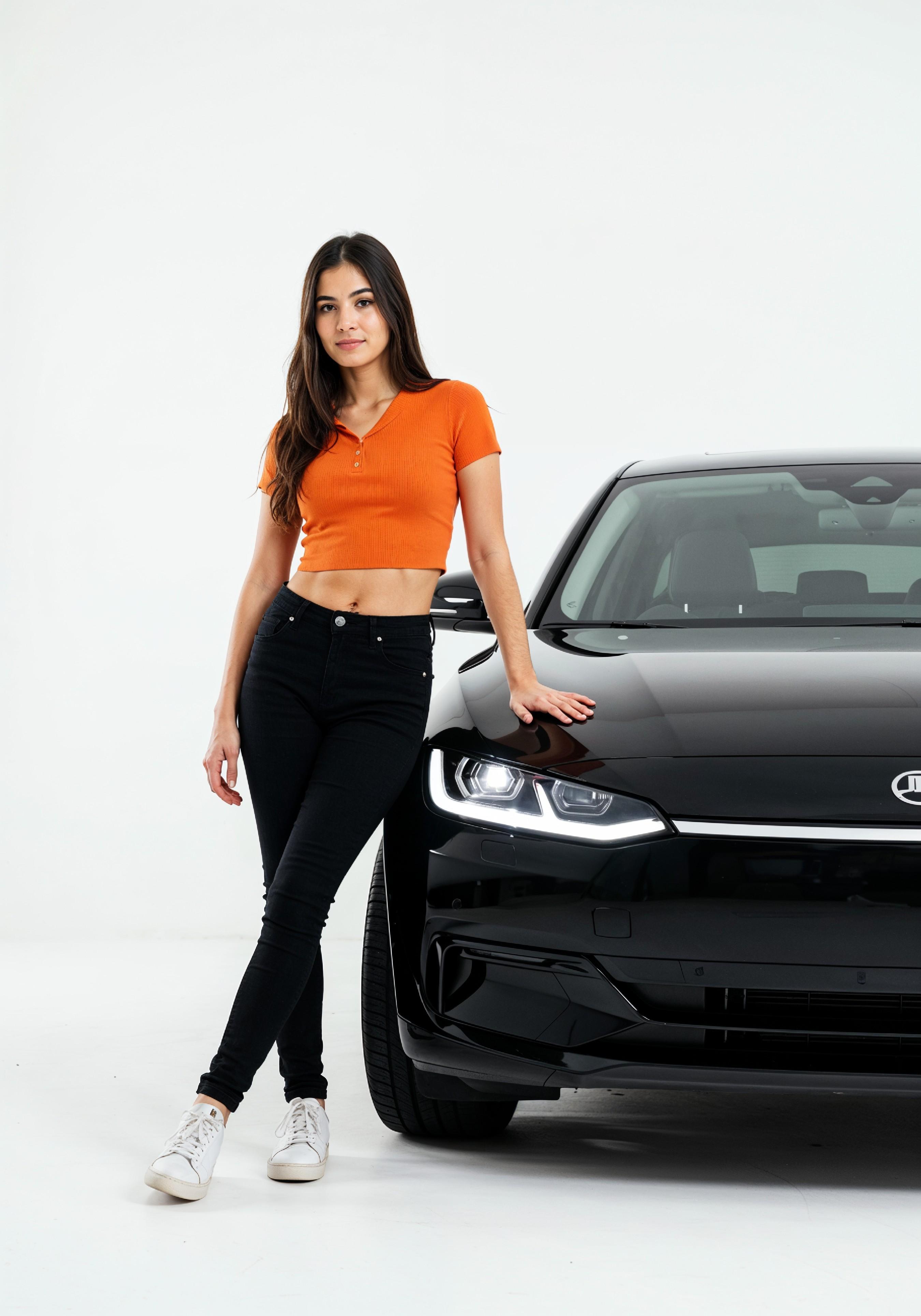 Elegant Young Woman Standing Beside Luxury Car in Fashion Lifestyle Portrait