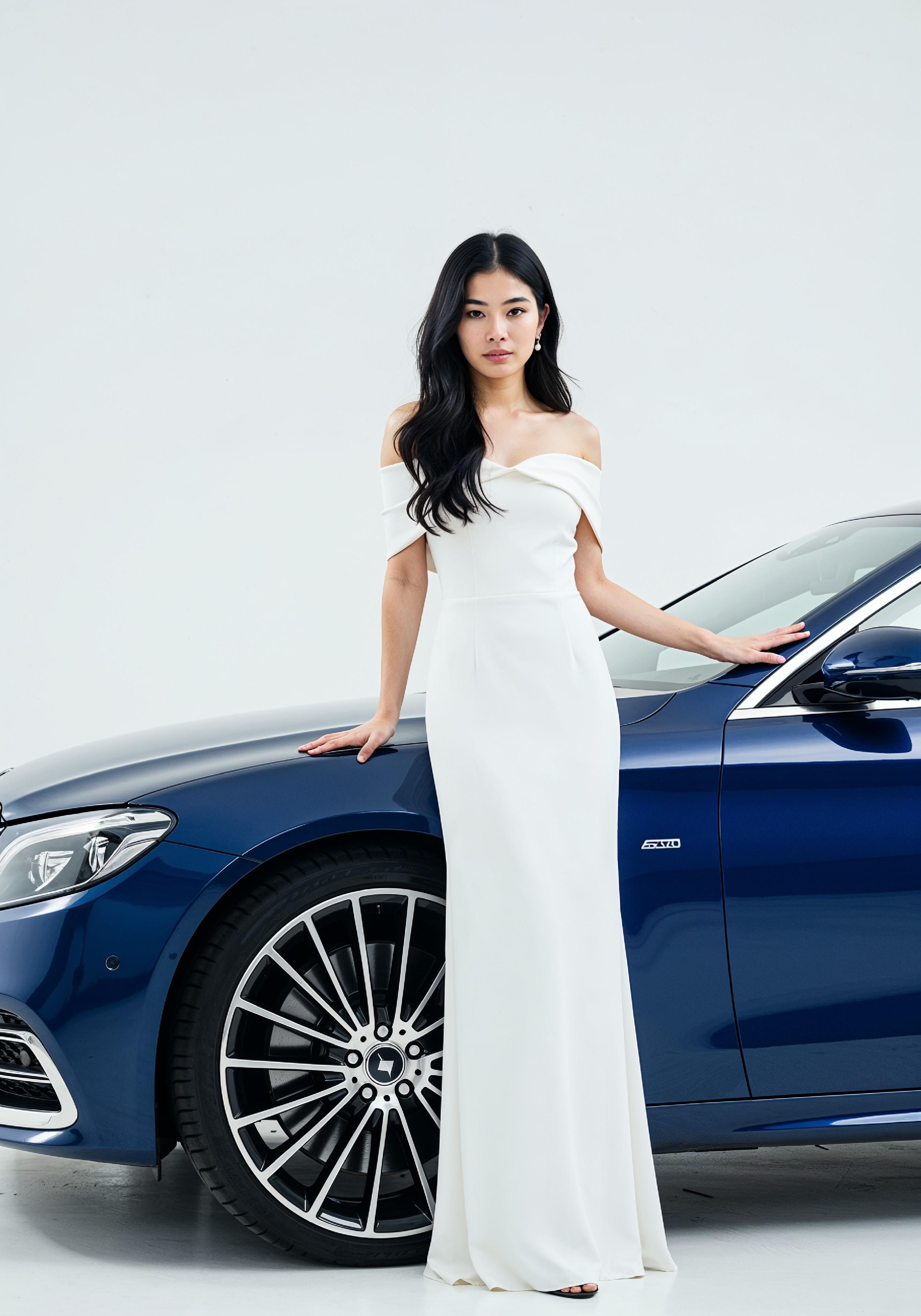 Elegant Young Woman Standing Beside Luxury Car in Fashion Lifestyle Portrait