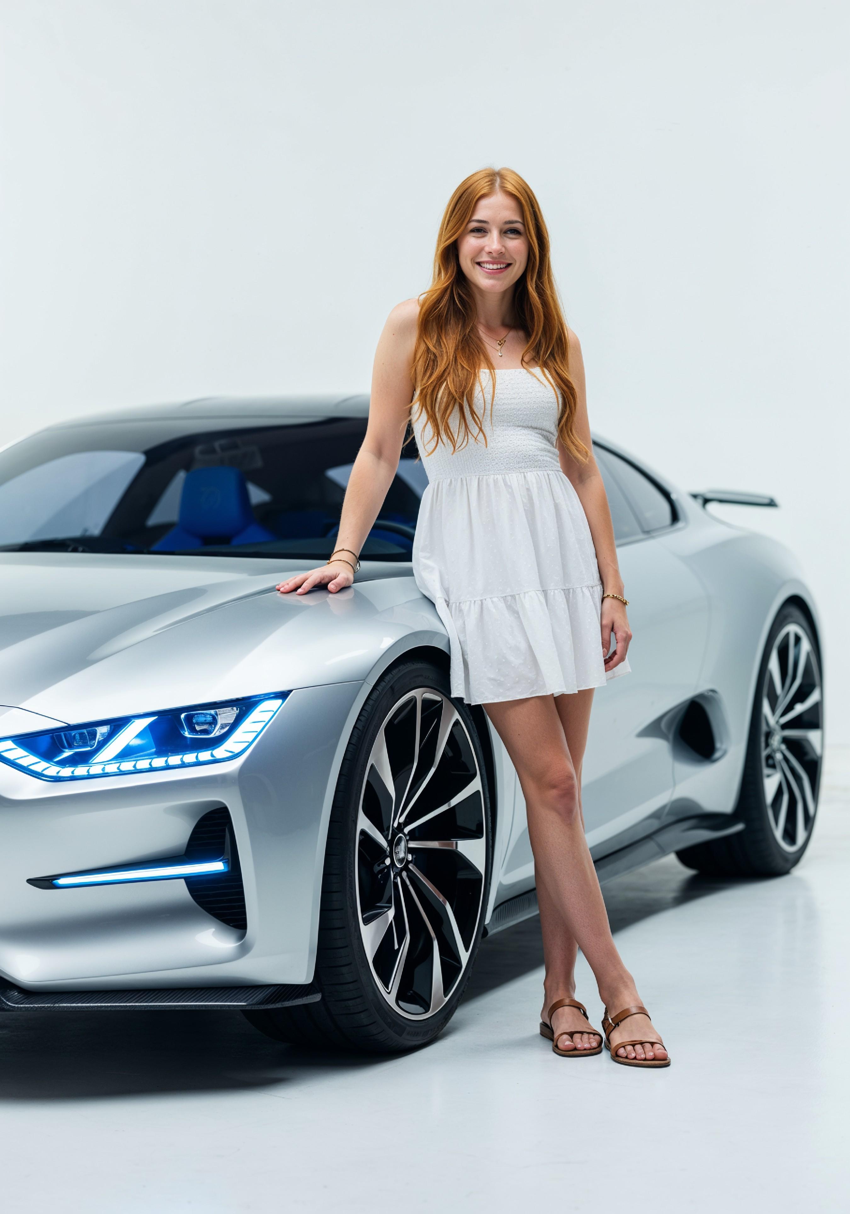 Elegant Young Woman Standing Beside Luxury Car in Fashion Lifestyle Portrait