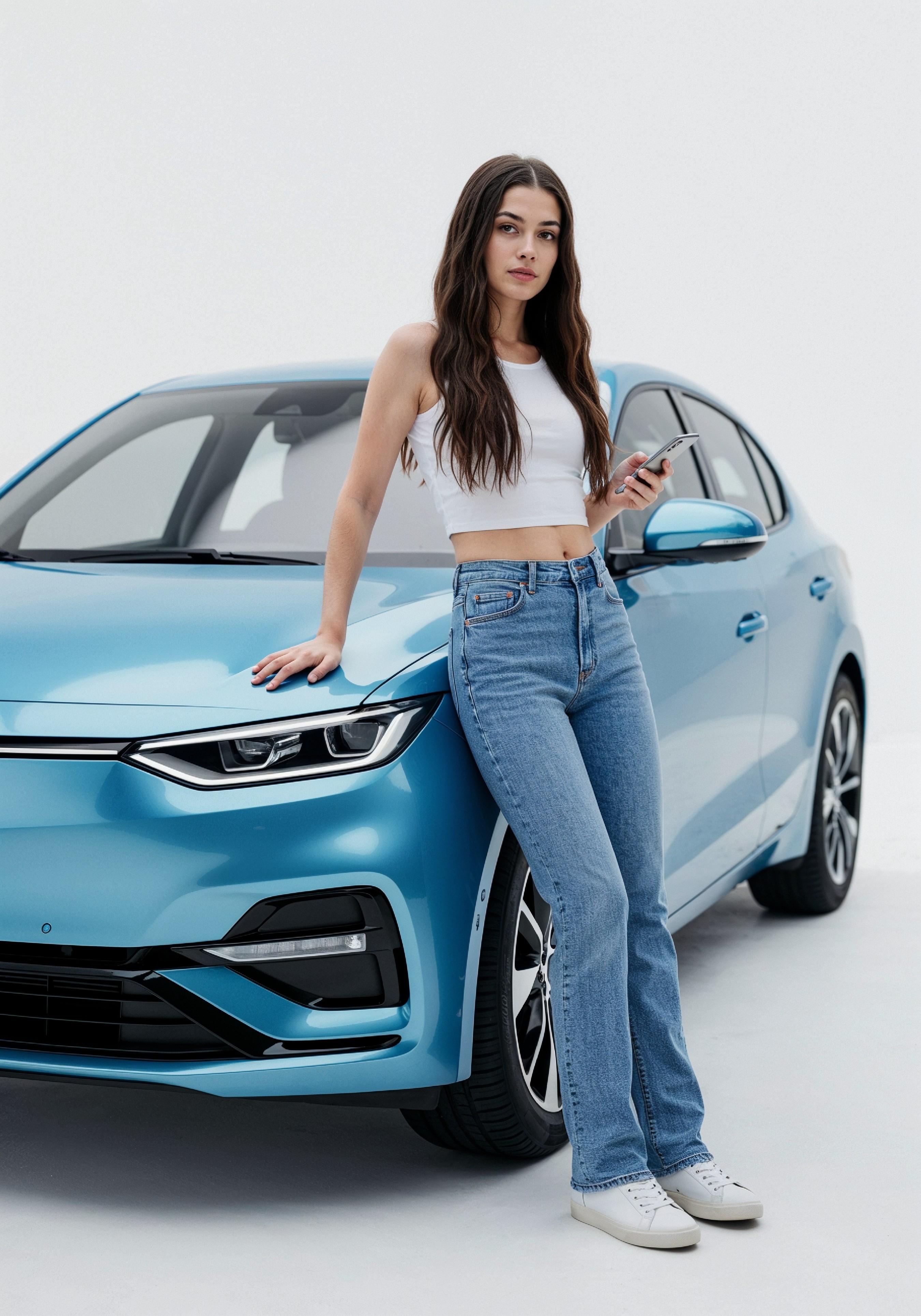 Elegant Young Woman Standing Beside Luxury Car in Fashion Lifestyle Portrait