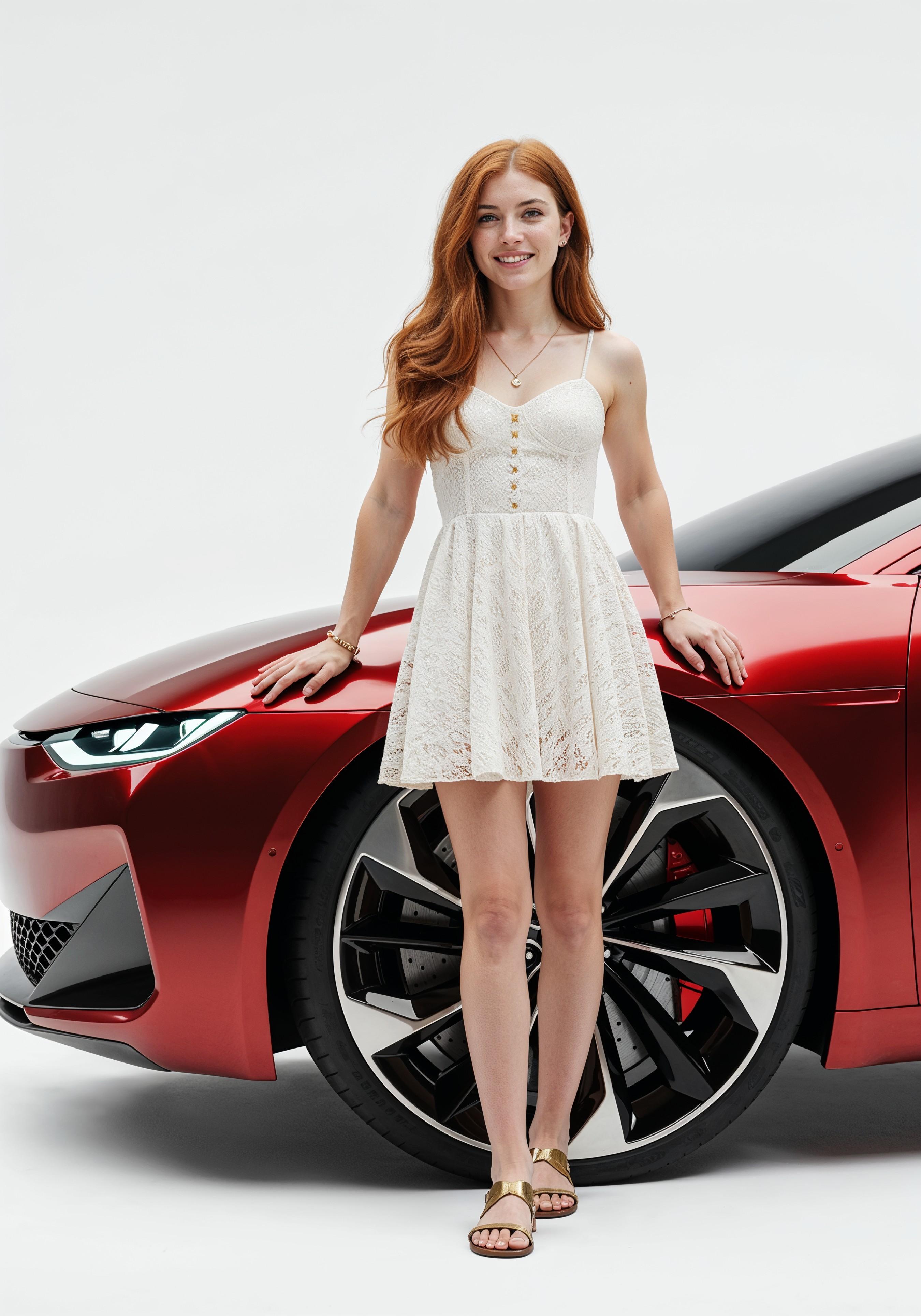 Elegant Young Woman Standing Beside Luxury Car in Fashion Lifestyle Portrait